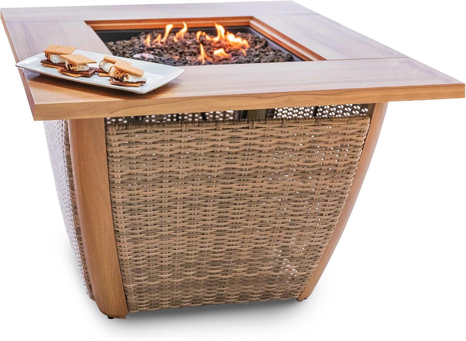SUNJOY 38 in. Fire Pit Table, Patio Smokeless Propane Firepit (CSA Certified, 37,000 BTU) Gas Burning Brown All-Weather Wicker Firepits Large Fire Table with Lid for Outside