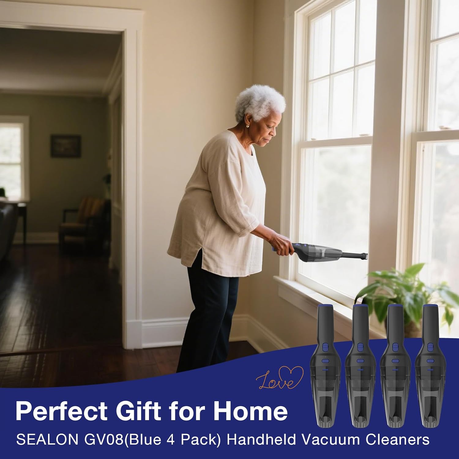 SEALON GV08 Handheld Rechargeable Car Vacuum Cleaner, 10KPa Vacuum Cleaner and Air Duster, High Power Hand Held Vacuum with LED Light and Multi-Nozzles for Car, Home, Office, Pet （Blue 4 Pack）