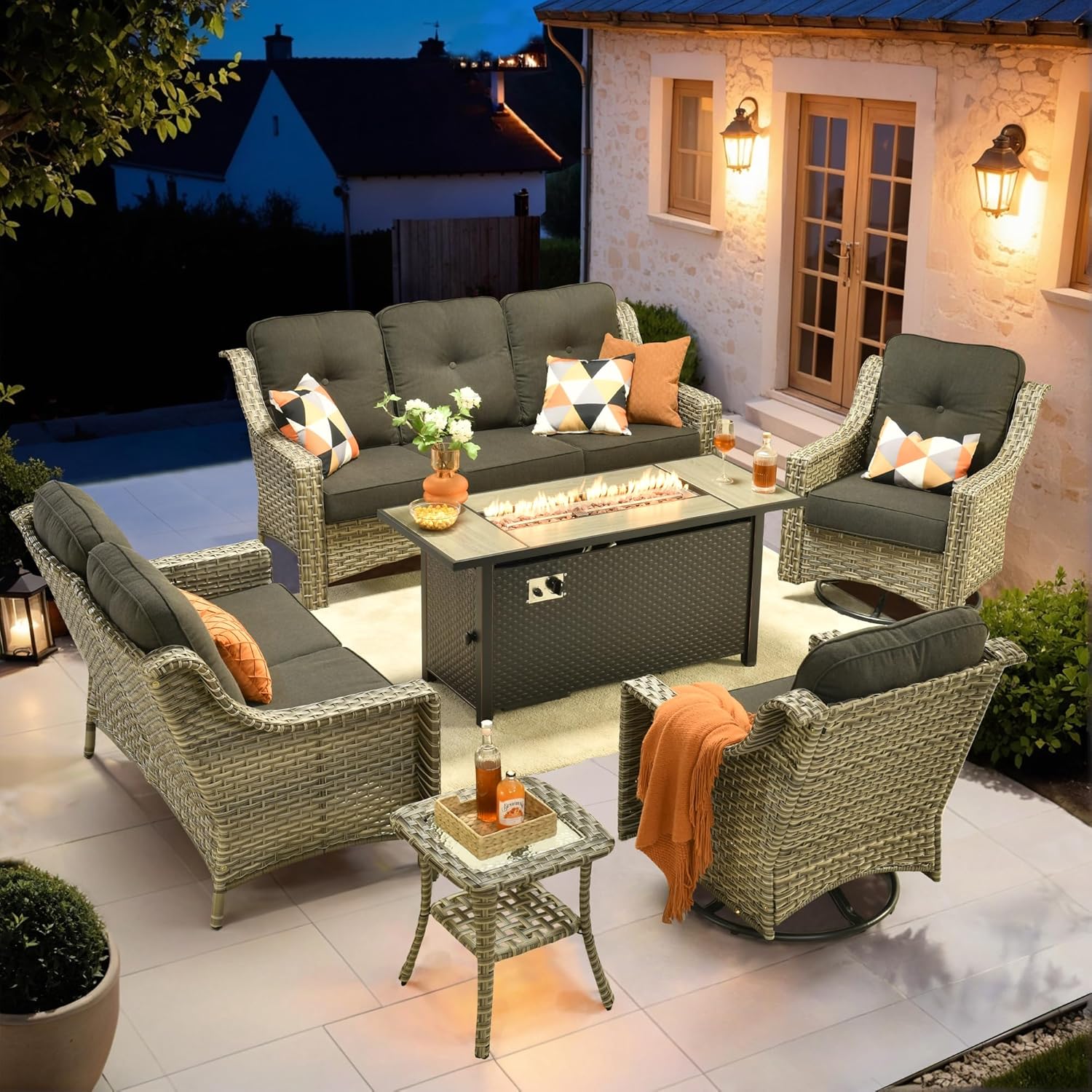 HOOOWOOO Patio Furniture Set,6 Pieces Wicker Outdoor Furniture,High Back Conversation Set with All Weather Resistant Fire Pit Table Couch Swivel Chairs,Black