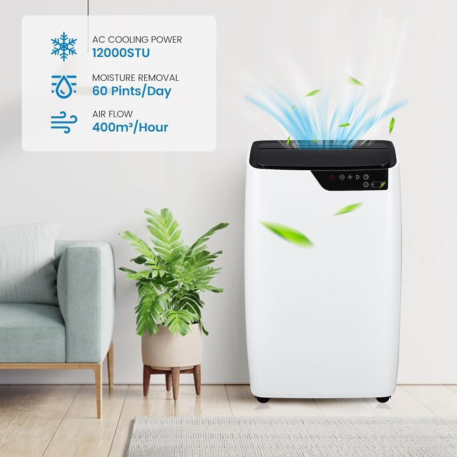 12000 BTU Portable Air Conditioner, Smart Portable AC Cools Up to 550 Sq.Ft, Standing Quiet Cooling Portable AC Unit with Remote Control, for Large Room, Office, Garage