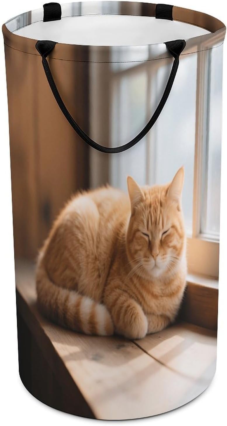 86L Large Laundry Hamper Orange Cat Patterned Dirty Laundry Hamper Foldable Laundry Bag with Handle Suitable for Bedroom Living Room And Bathroom Washing Machine