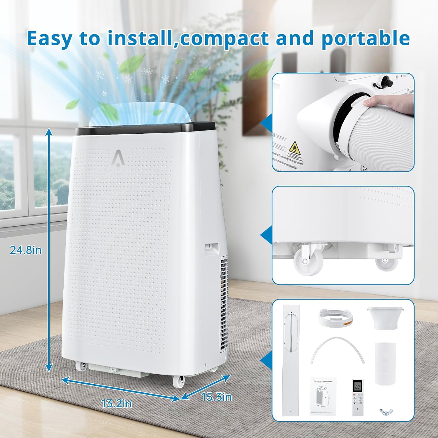 Portable Air Conditioner 14000 BTU ASHRAE / 9300 BTU SACC, Quiet AC Unit for Rooms up to 700 Sq. Ft, 3-in-1 Cooling, Dehumidifier & Fan, Remote Control, Sleep Mode, No Drain Needed, Window Kit Include
