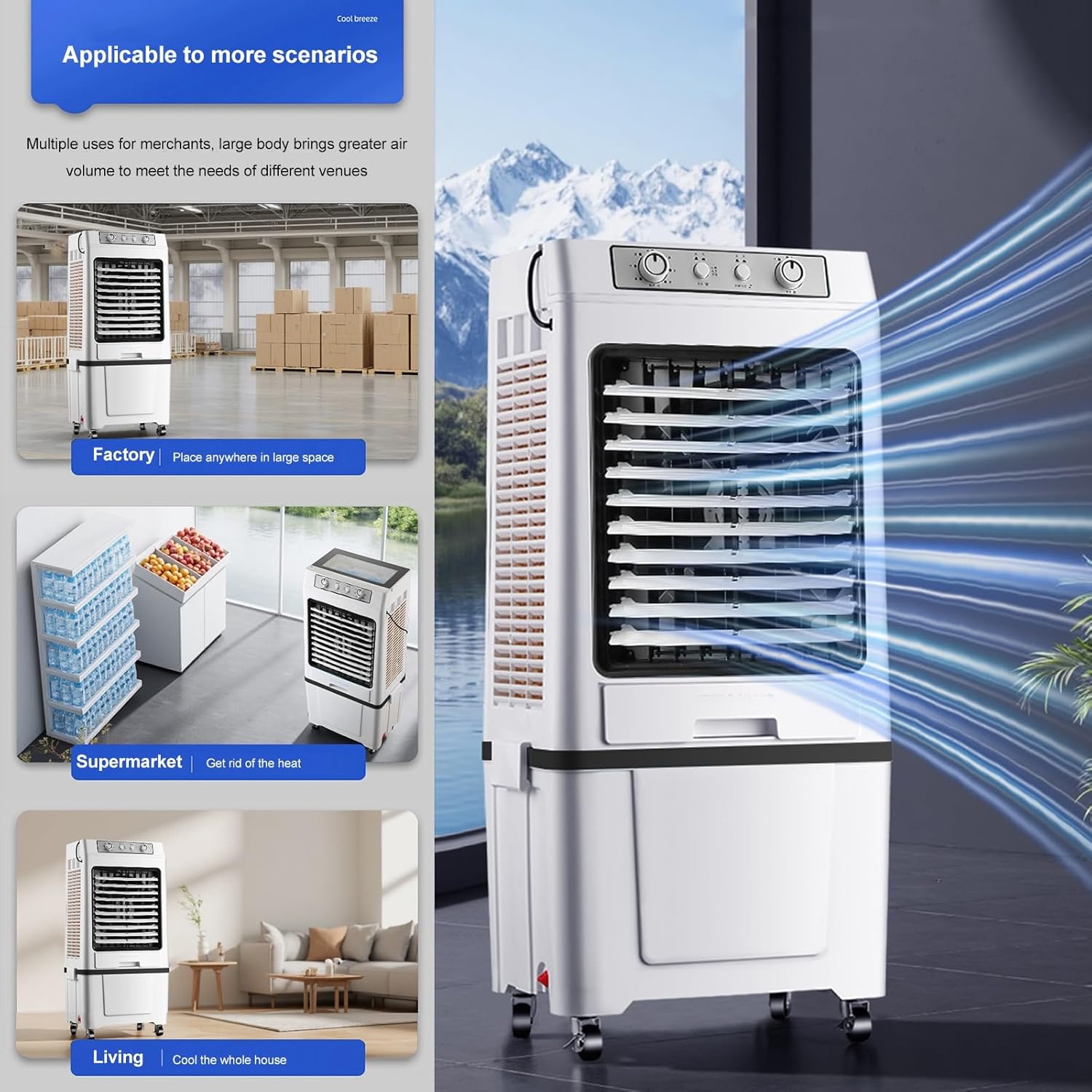 Swamp Cooler Air Conditioner Portable, 3-Speed Fan, 9000CFM Powerful Evaporative Air Cooler, 3-IN-1 Humidifying Cooling Fan for Home, Shop, Factory, Garage(Gray)