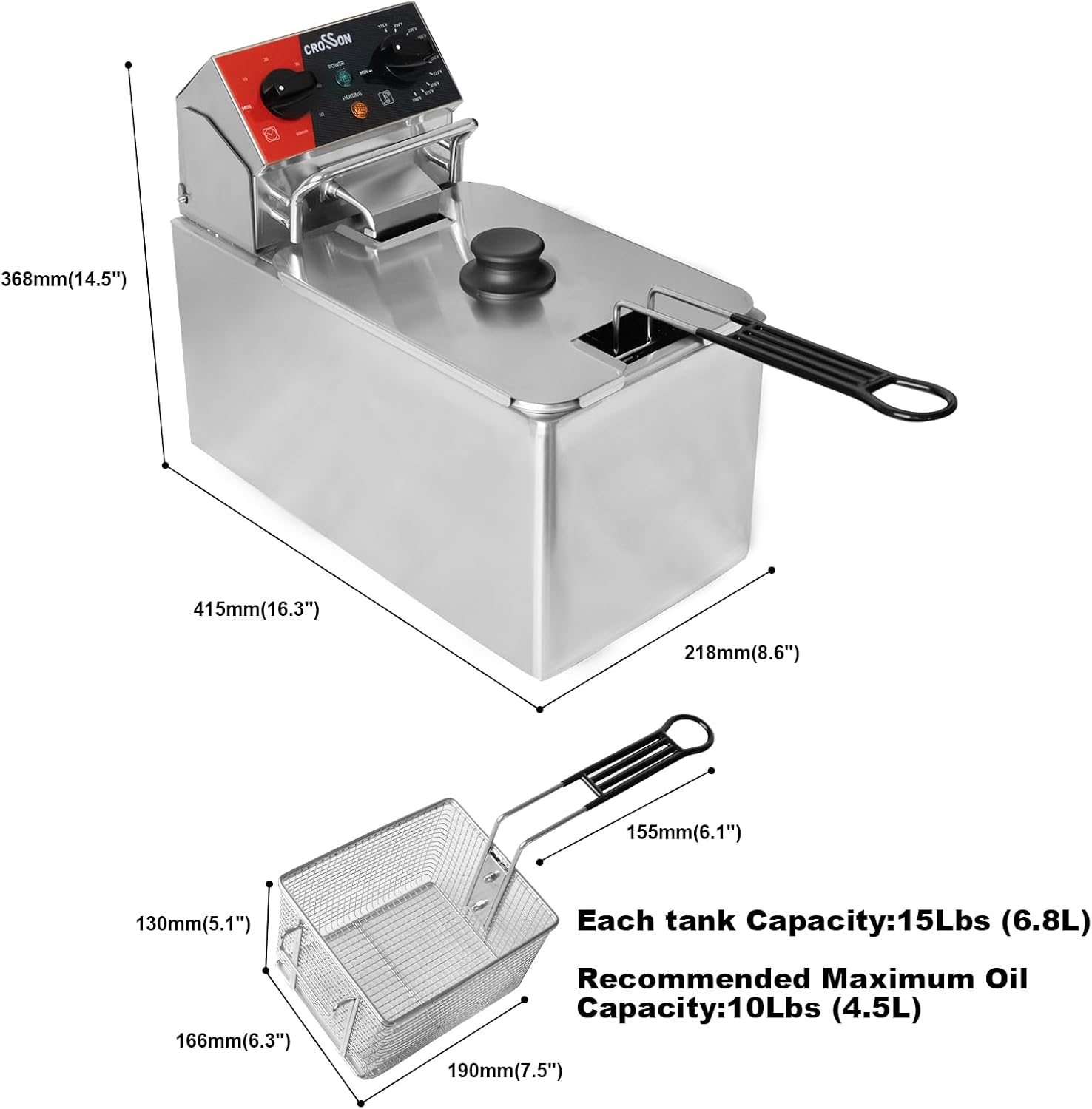 CROSSON 10Lbs Electric Countertop Deep Fryer with Easy Clean Rotary fryer head,30 Minitues Timer,Removable 304 SS Oil Tank with Handle,4.5L Deep Fryer With Basket for Home Use