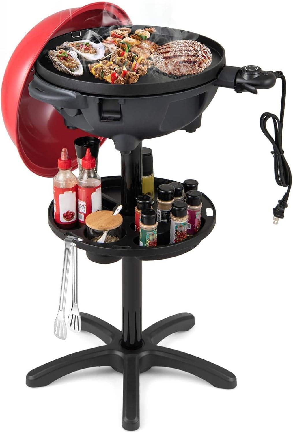 Giantex Electric Grill Outdoor, 1200W Electric BBQ Grills Outdoor Cooking with Lid & Thermometer, Nonstick Griddle, Drip Tray, 2-in-1 Freestanding & Tabletop Grill for Apartments Backyard Party, Red