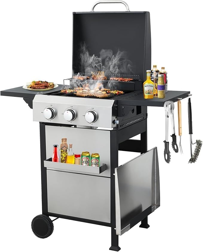 Nancia 3 Burner Outdoor Griddle Grill Combo, 36900 BTU 2 in 1 Propane Gas BBQ Grill w/Enameled Cast Iron Grids and Stainless Steel Plancha, Portable Gas Grills Propane for Patio, Backyard