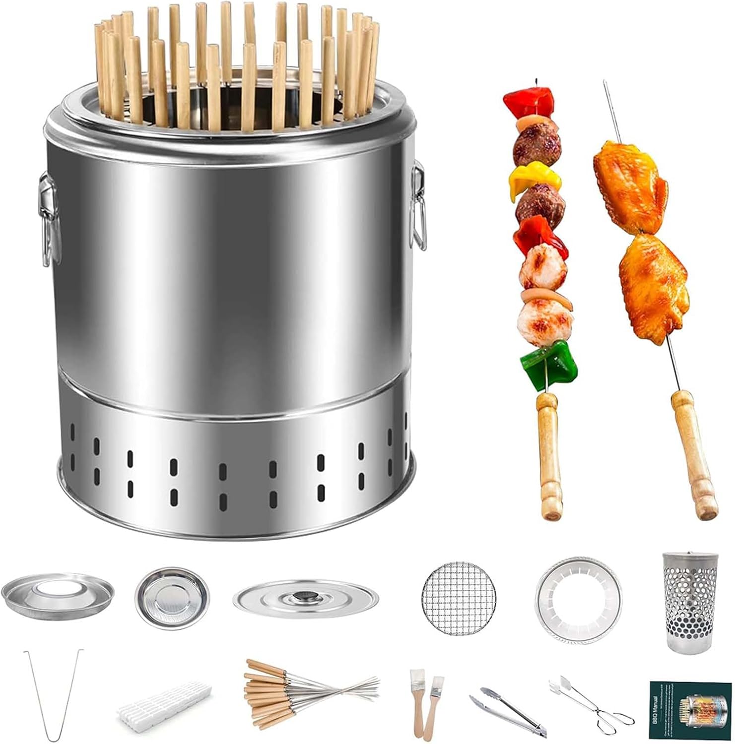 Barbecue Grill Smokeless Charcoal Smoker Barrel Grill Vertical Barbeque Hanging Stove Stainless Steel Split Oven with Kabob Skewers 360°All Round Roasting Barbecue Grill for Camping