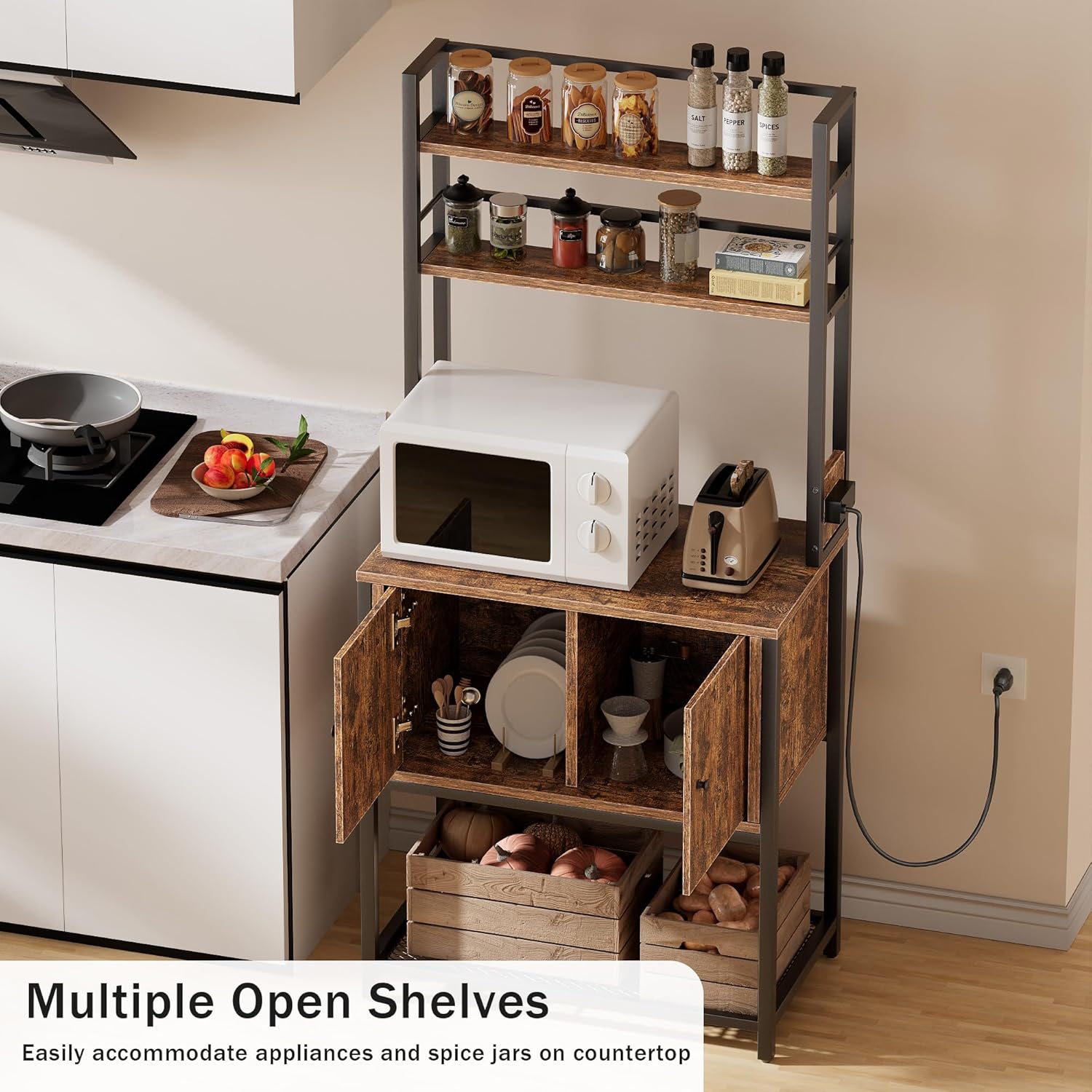 Bakers Rack with Power Outlet, Microwave Oven Stand with Storage，4 Tiers, Coffee Bar Table, Kitchen Storage Shelf Rack for Spices, Pots, Kitchen Dining Room, Rustic Brown