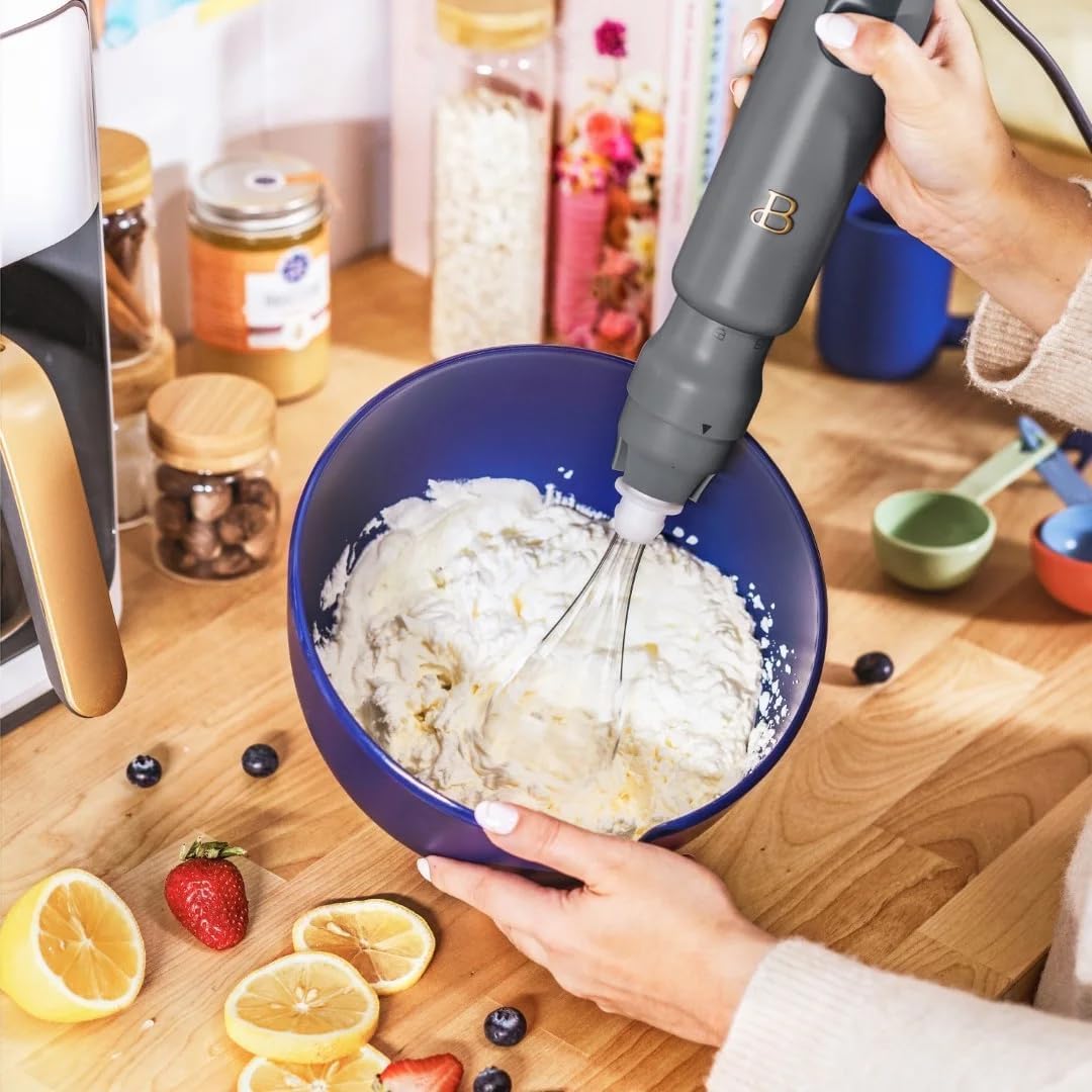 Beautiful 2-Speed Immersion Blender with Chopper & Measuring Cup, Stainless Steel Shaft, Quiet 250W Motor, Cornflower Blue Finish, Dishwasher Safe, Includes Whisk & 24 oz Beaker (Oyster Gray)
