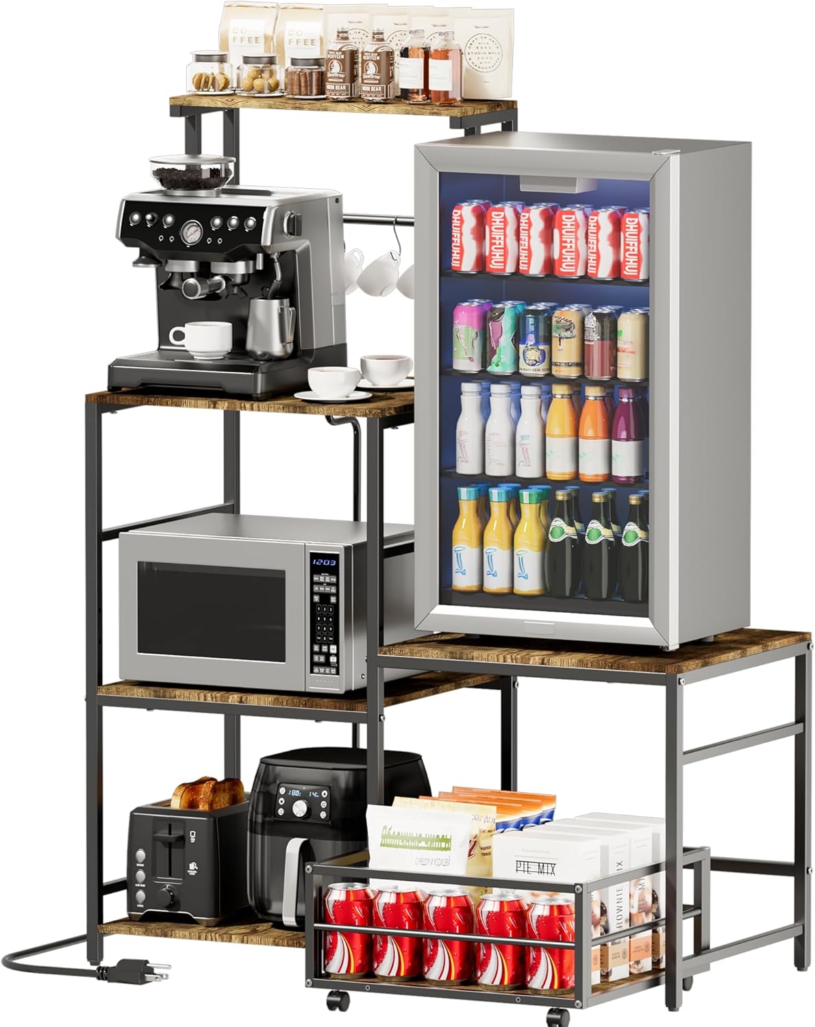 Mini Fridge with Microwave Stand, Coffee Bar Station with Storage, Bakers Rack with Power Outlet, Movable Basket, Adjustable Oven Shelf, Small Refrigerator Organizer for Dorm, Kitchen, Office