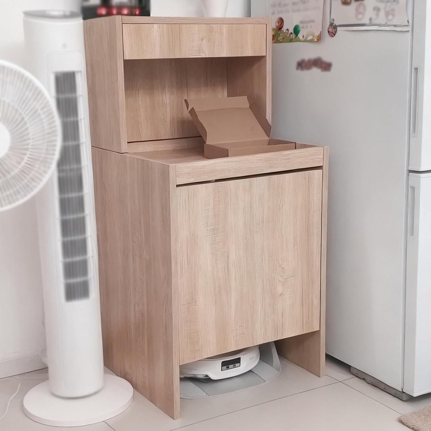 Wood Robot Vacuum Cabinet 39.4″ H Hidden End Side Table with Adjustable Shelf Multi-functional Storage Cabinet with Door for Robot Vacuum Cleaner Easy to Change Water for Living Room Bedroom(Natural)