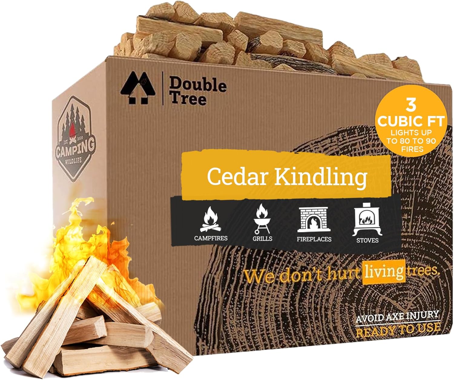Double Tree Fire Starter Sticks - 100% Natural Cedar Wood Kindling, Quick & Easy Burning for Campfire, Camping Cooking Stove, Fire Pit, Fireplace & Grilling, lndoor & Outdoor - (XX Large 3 Cubic ft)