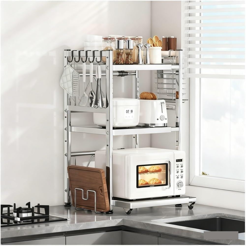 Adjustable Microwave Countertop Stand with Pull-Out Bottom Tray, Metal Microwave Oven Rack for Kitchen Counter Storage(Silver,29.8