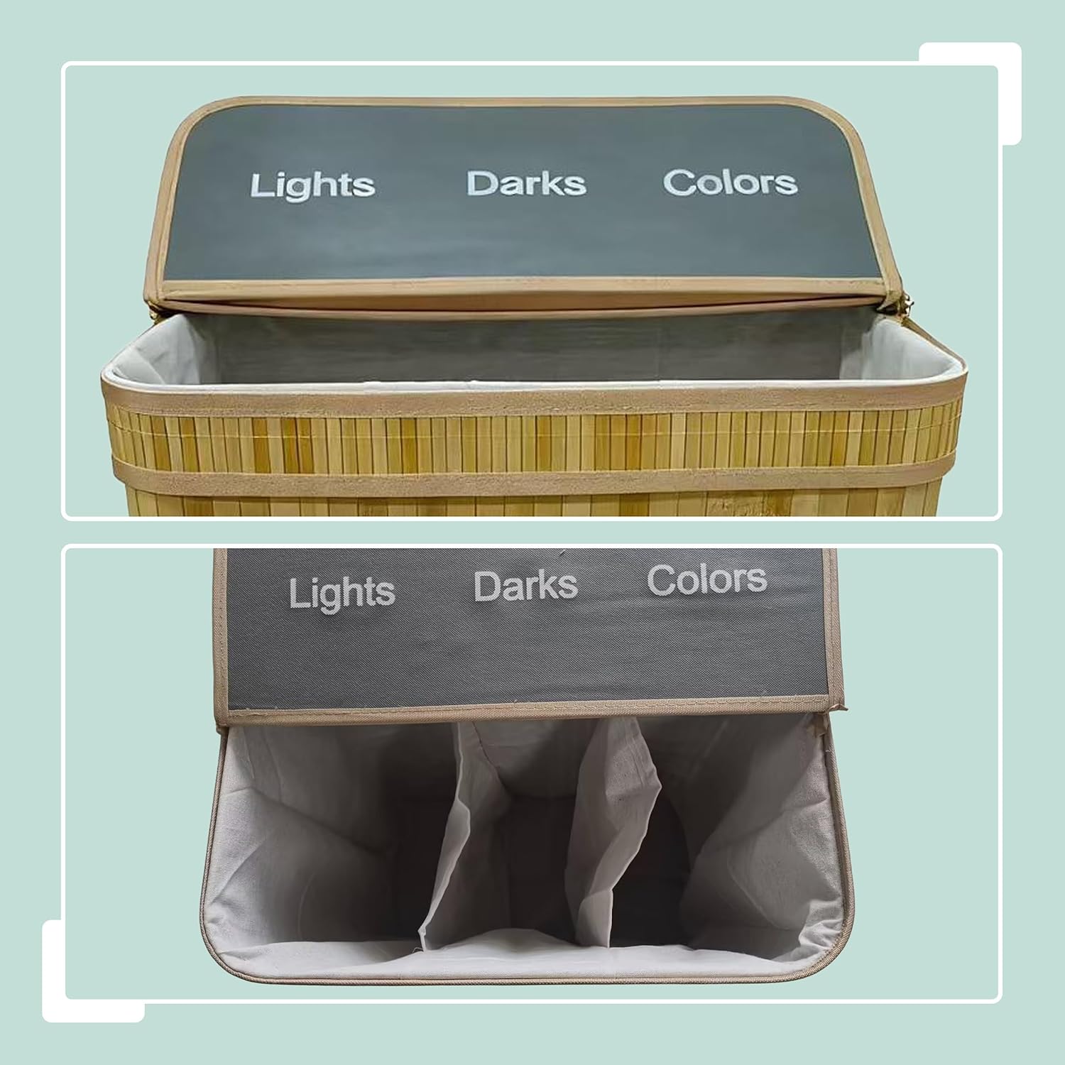 Relaxdays Laundry Basket with Lid, 3 Compartments, Bamboo, 105 L, Foldable, H x W x D: 63 x 52 x 32 cm, Laundry Sorting System, Natural