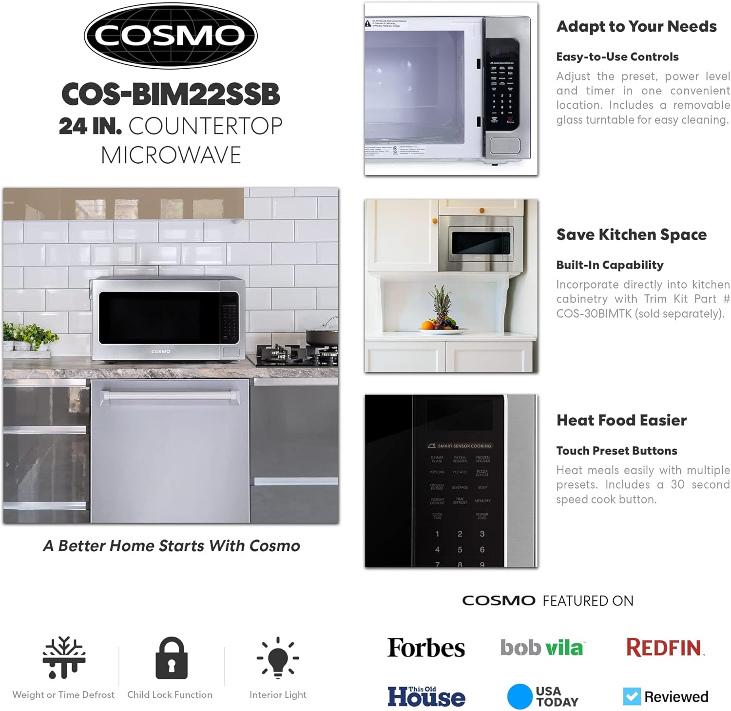 Cosmo COS-BIM22SSB 24 in. Nebula Collection 2.2 cu. ft. Countertop Microwave Oven in Stainless Steel