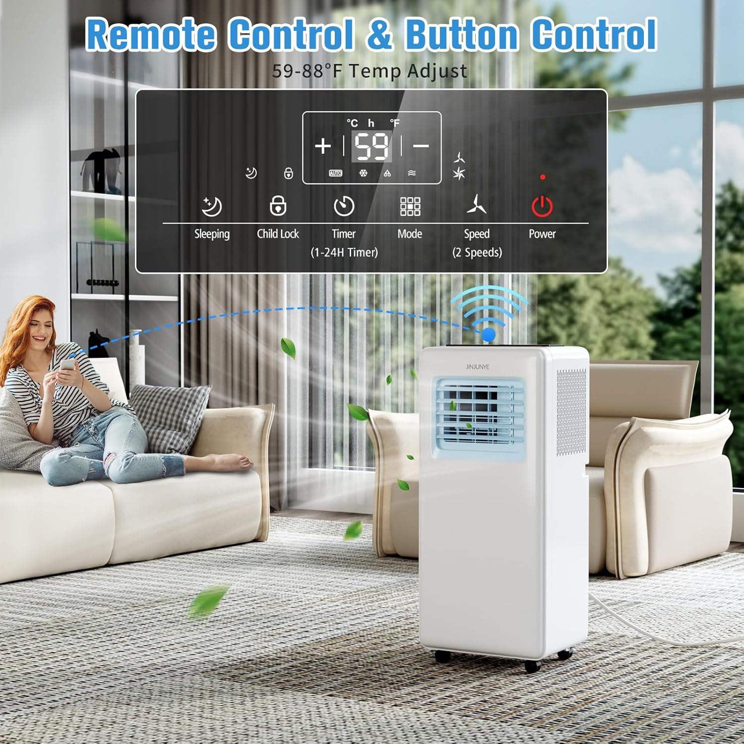 JINJUNYE Portable Air Conditioners 10,000 BTU 4-In-1 with 7 Color LED Light, Portable AC Unit Dry, Fan, Sleep Mode, Cool Up to 450 Sq.Ft, 24H Timer, Window Kit (Battery not Included)