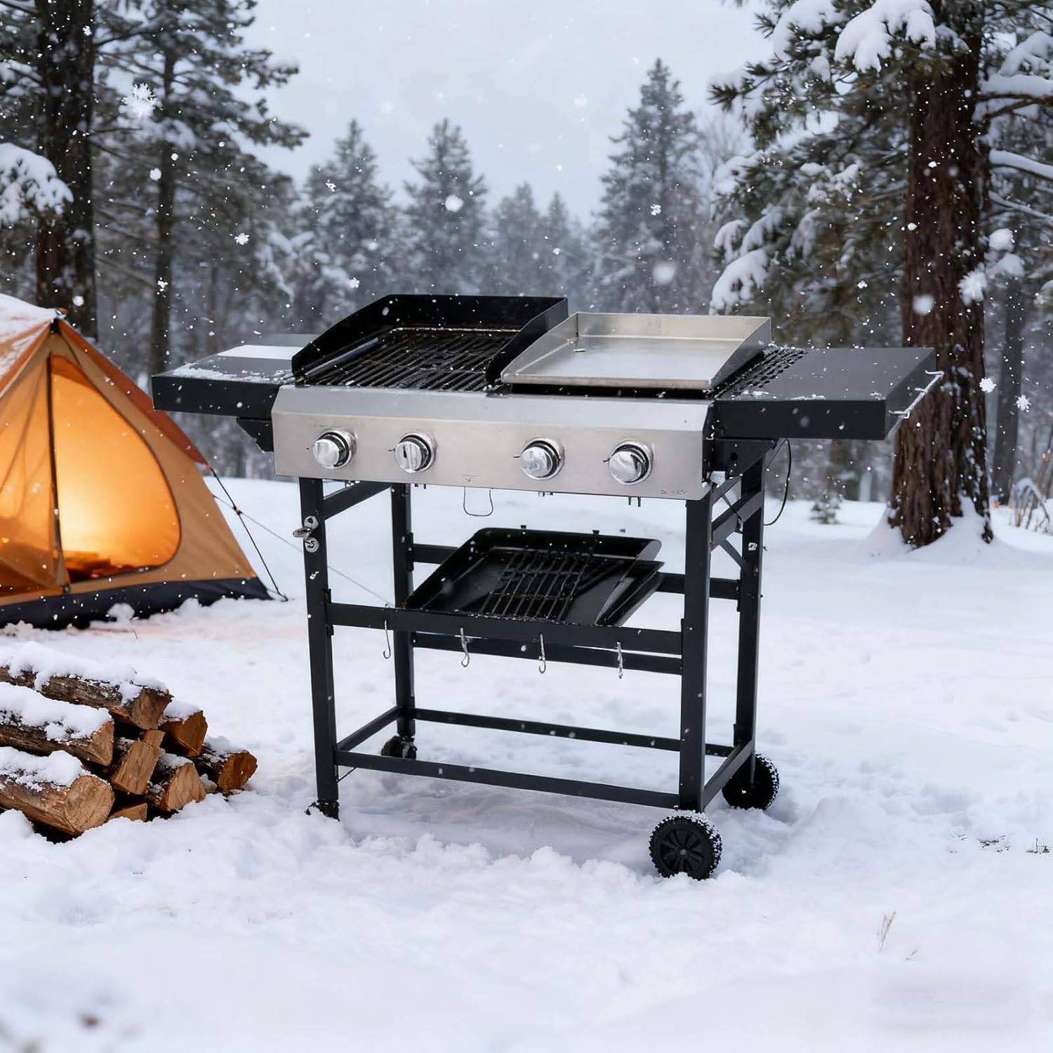 Propane Gas Grill & Griddle Combo - 2-Burner, Outdoor Cooking Grills With Cover For Camping, Tailgating, Black & Silver
