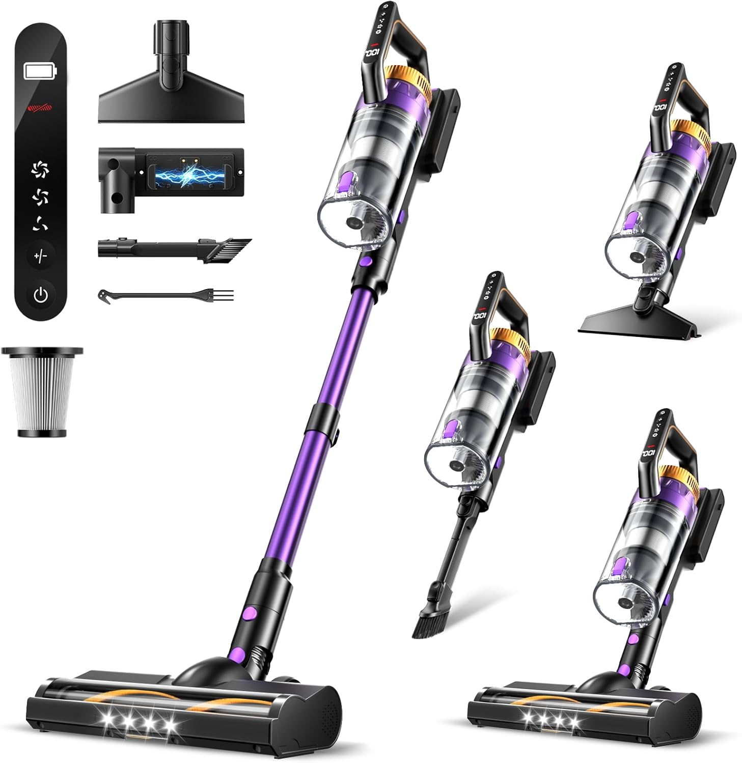 Cordless Vacuum Cleaner, 580W/48Kpa Vacuum Cleaners with 65 Min Runtime, Lightweight Wireless Vacuum with LED Headlights/Screen, wall mount, Removable Handheld Vacuum for Pet Hair/Carpets/Floors/Sofa