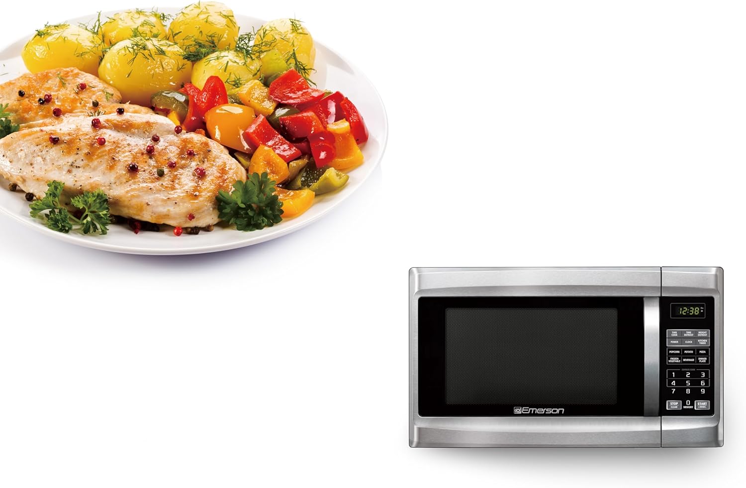 Emerson MW1338SB Countertop Microwave Oven, 6 Pre-Programmed Settings, Removable Glass Turntable, Child Safety Lock, 1.3 Cu ft, 1000W, Stainless Steel