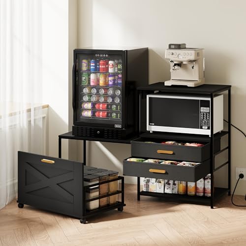 Mini Fridge Stand with Storage, Farmhouse Microwave and Mini Fridge Stand with Power Outlet & Cabinet, Kitchen Bakers Rack with Storage Shelf and Drawers for Home Dorm Office Bar, Black
