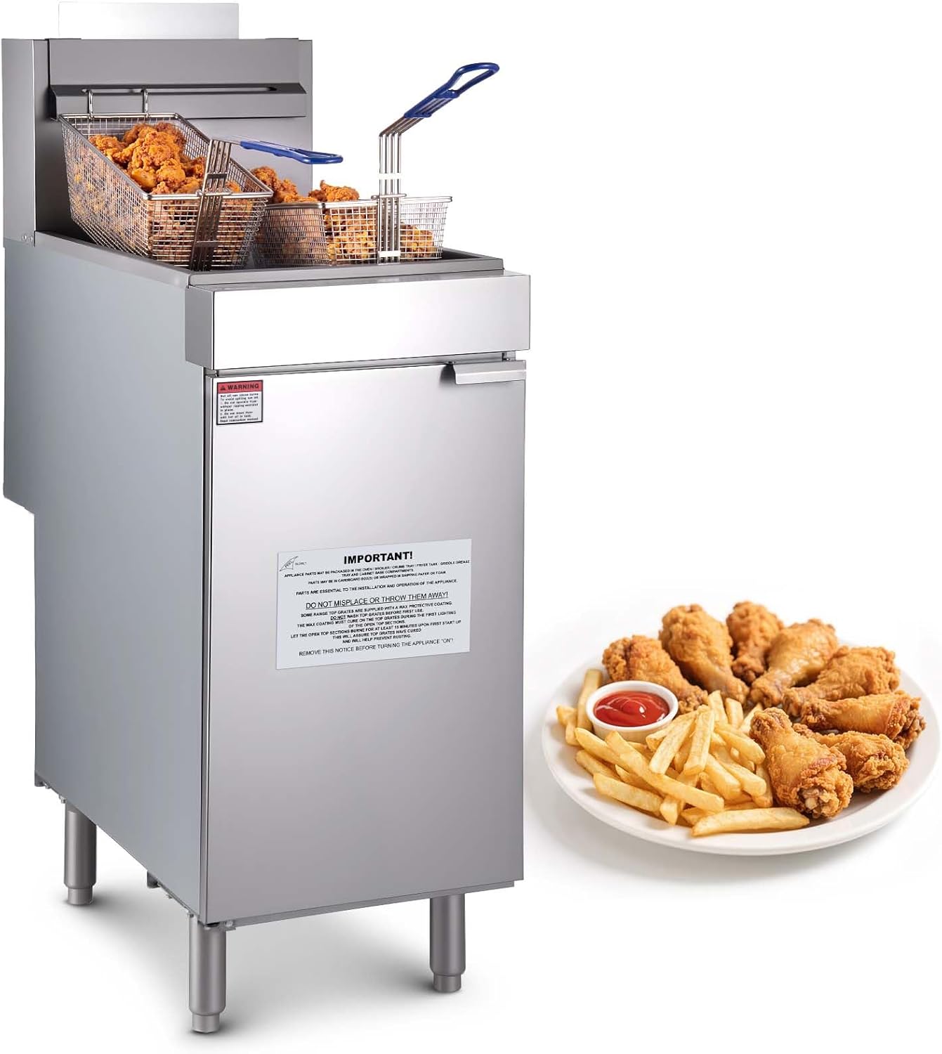VEVOR Commercial Deep Fryer, 3-Burner Fryer for Restaurants, Stainless Steel Floor Standing Deep Fryers with Dual Baskets and Adjustable Temperature, Natural Gas Powered, 40 lbs Capacity, 90,000 BTU
