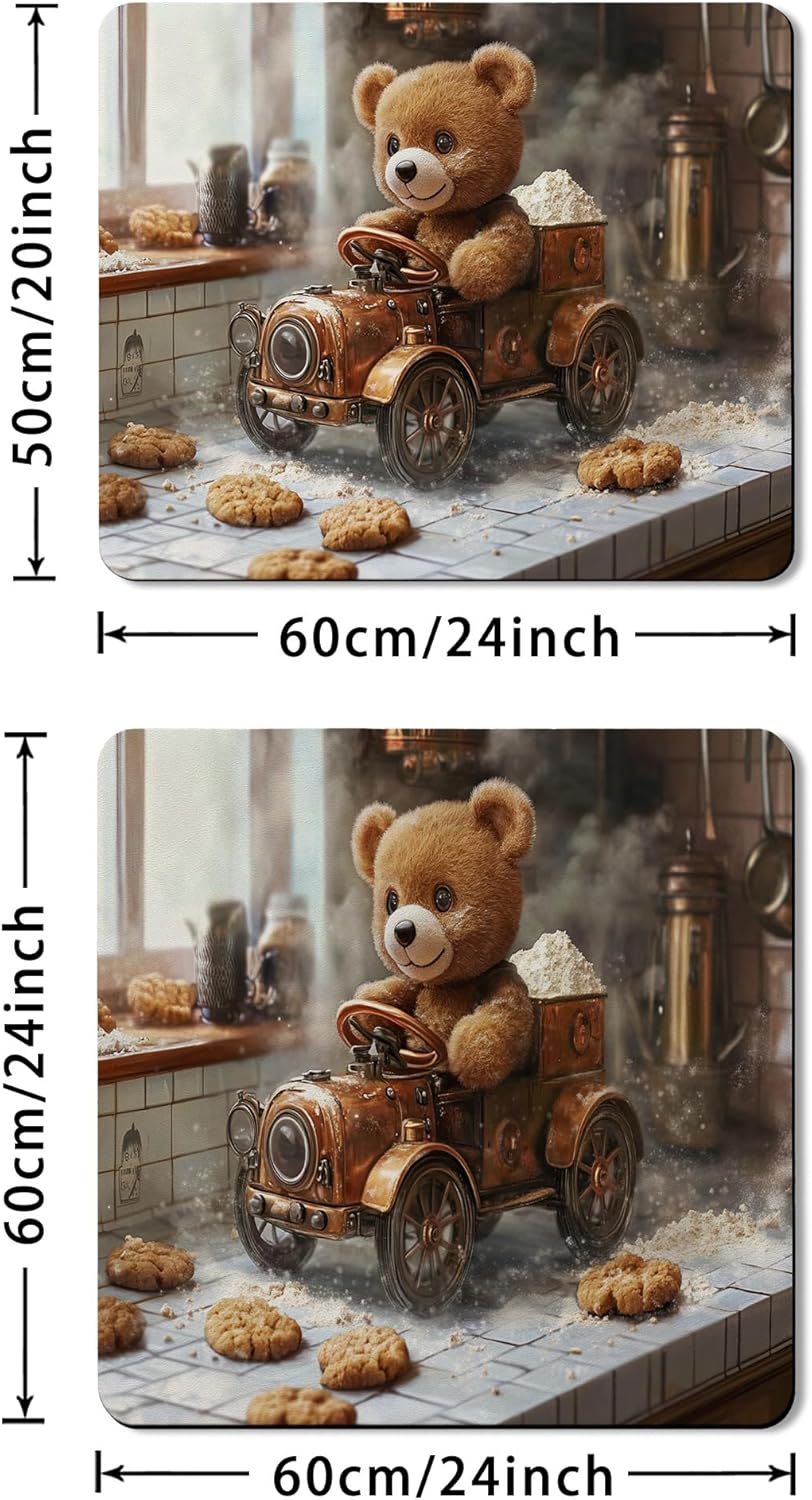 Cute Bear Washer Dryer Top Protector Mat, Adorable Vintage Toy Design Laundry Machine Dust Covers, Soft Cotton Anti-slip Waterproof Mats for Home 20x24 Inch