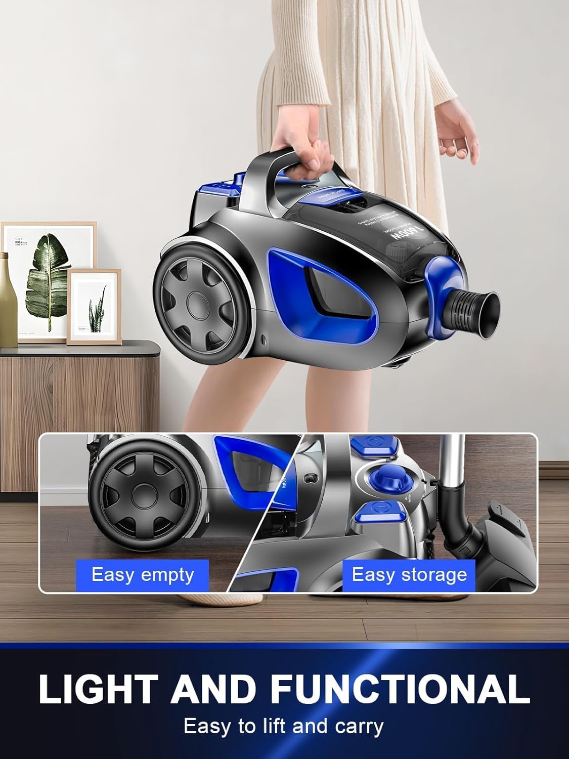 Canister Vacuum Cleaner, 40Kpa 1600W Cyclon Power, Dust Full Indicator, Double HEPA Filters, 3.7Qt Large Capacity, Lightweight Vac for Hard Floors, Carpets, Pet Hair, Blue