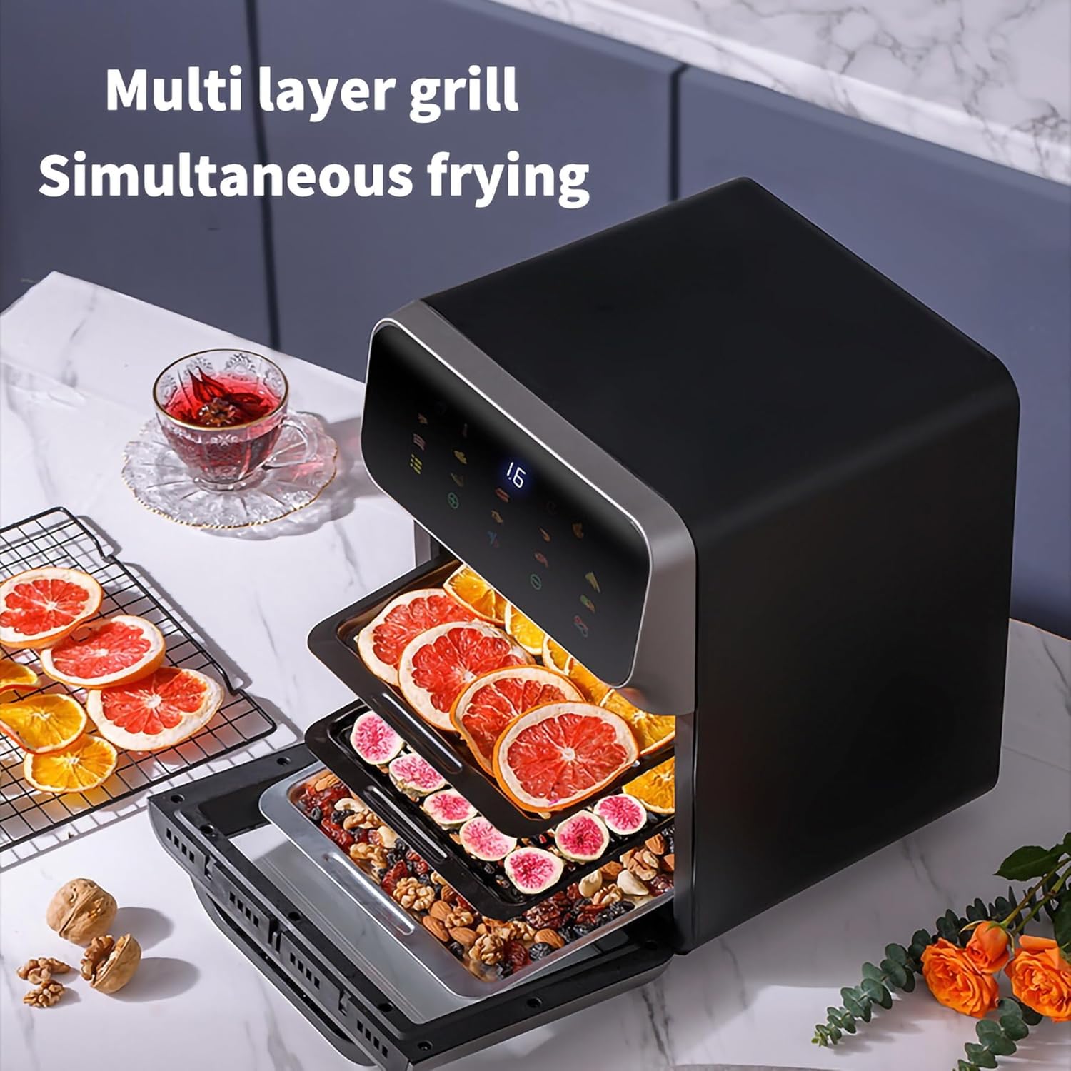 16L Air Fryer Convection Oven Combo, 60min free timer with Built-in baking light, Flip Up & Away 1500W Capability Toaster Oven for oast, Bake, and Broil, Smart