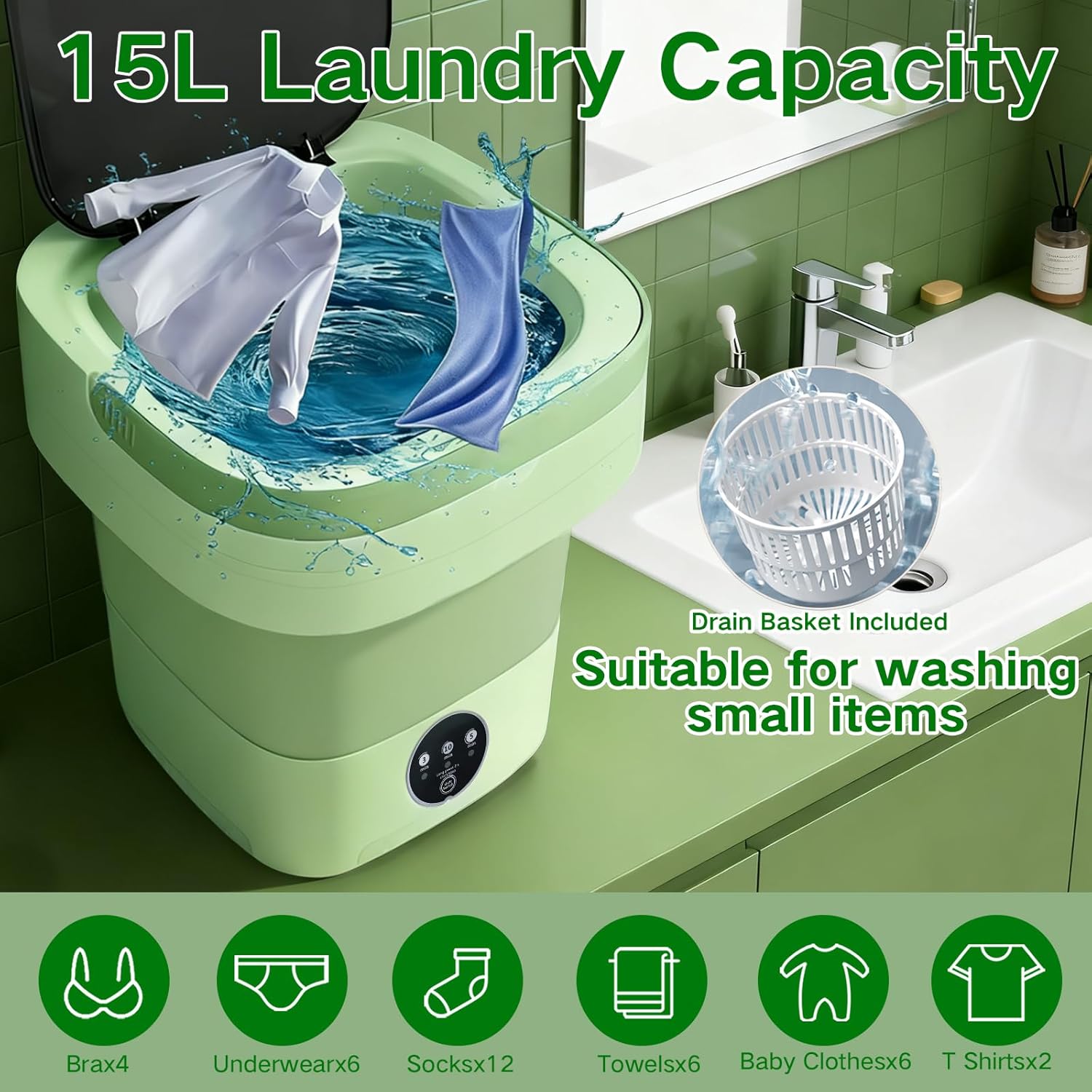 Portable Washing Machine, 15L Mini Collapsible Washer with 3 Cleaning Modes for Baby Clothes, Underwear, Small Foldable Laundry for Travel Apartment Home Dorm Hotel Camping (Green)