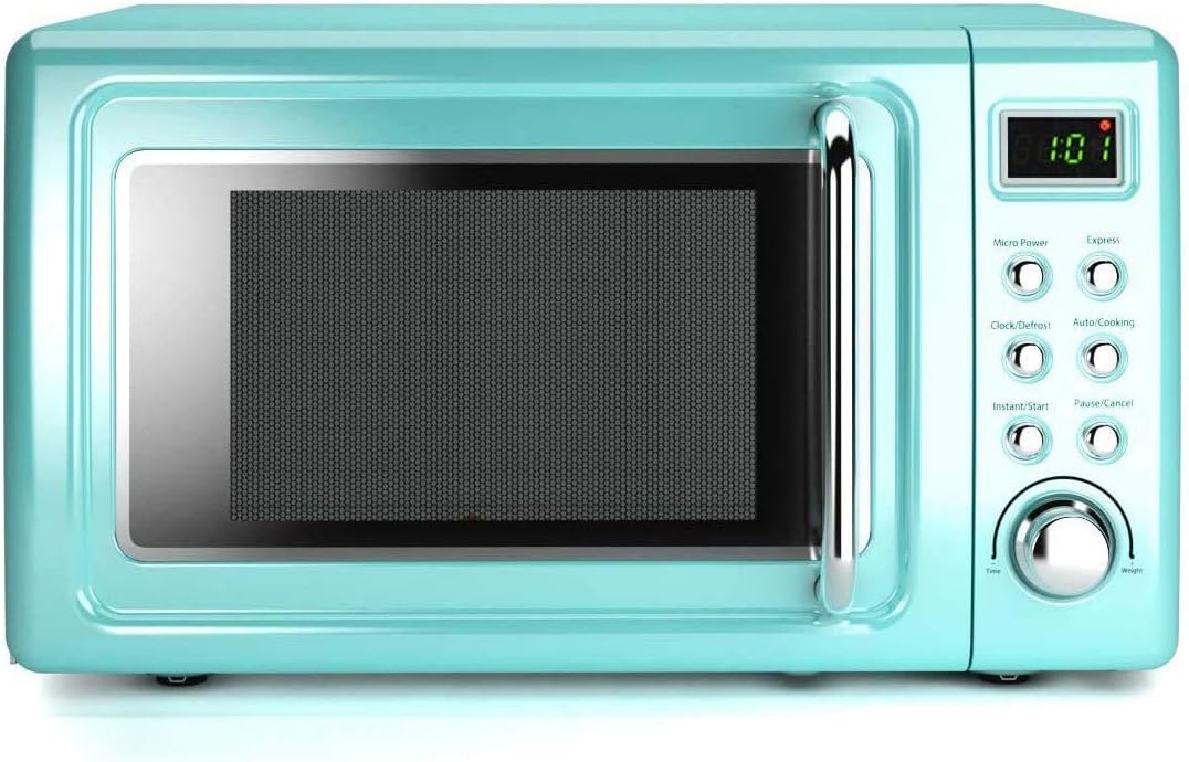 Retro Microwave Oven,Safeplus 0.7Cu.ft, Countertop 700W Microwaves with Cold Rolled Steel Plate 5 Micro Power Defrost & Auto Cooking Function LED Display Glass Turntable and Viewing Window Child Lock