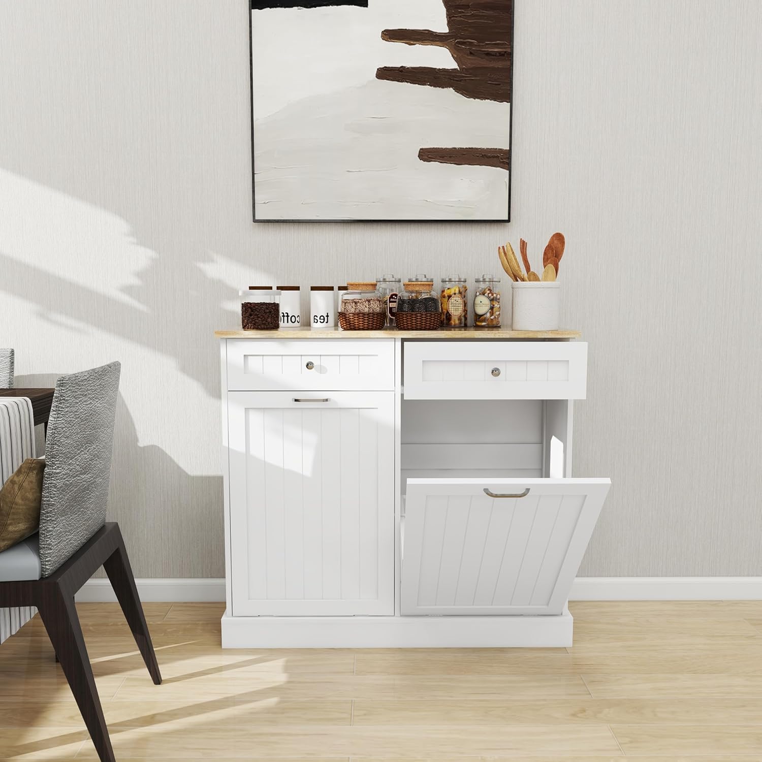 Ball & Cast Double Tilt Out Trash Cabinet, Multifunctional White Hidden Garbage Can Cabinet, Wooden Trash Can for Kitchen, Bathroom and Living Room