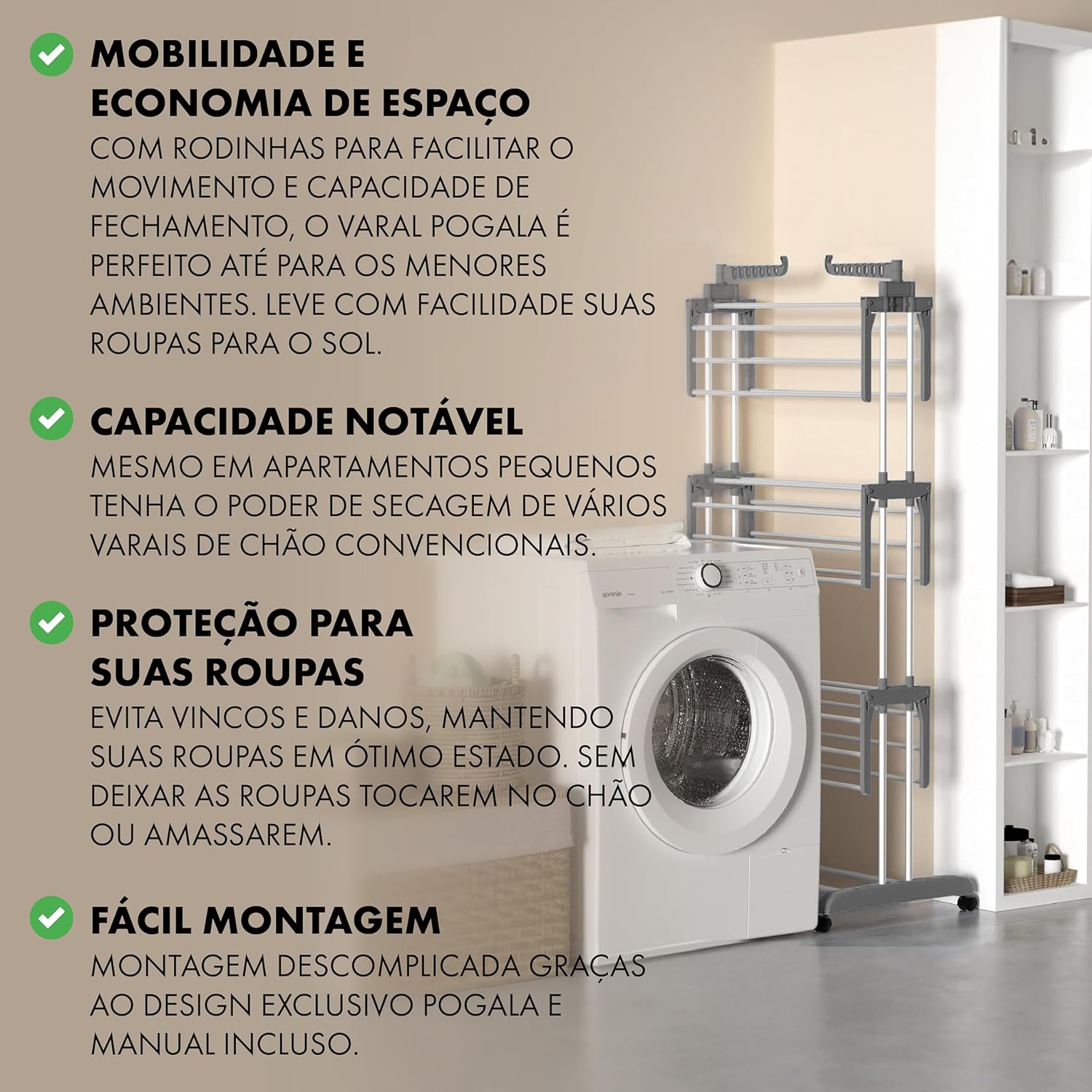 Drying Rack, Stainless Steel & Plastic, Space Saving Laundry Rack, 40lbs Capacity, Includes 2 Stainless Hangers for Underwear (White)