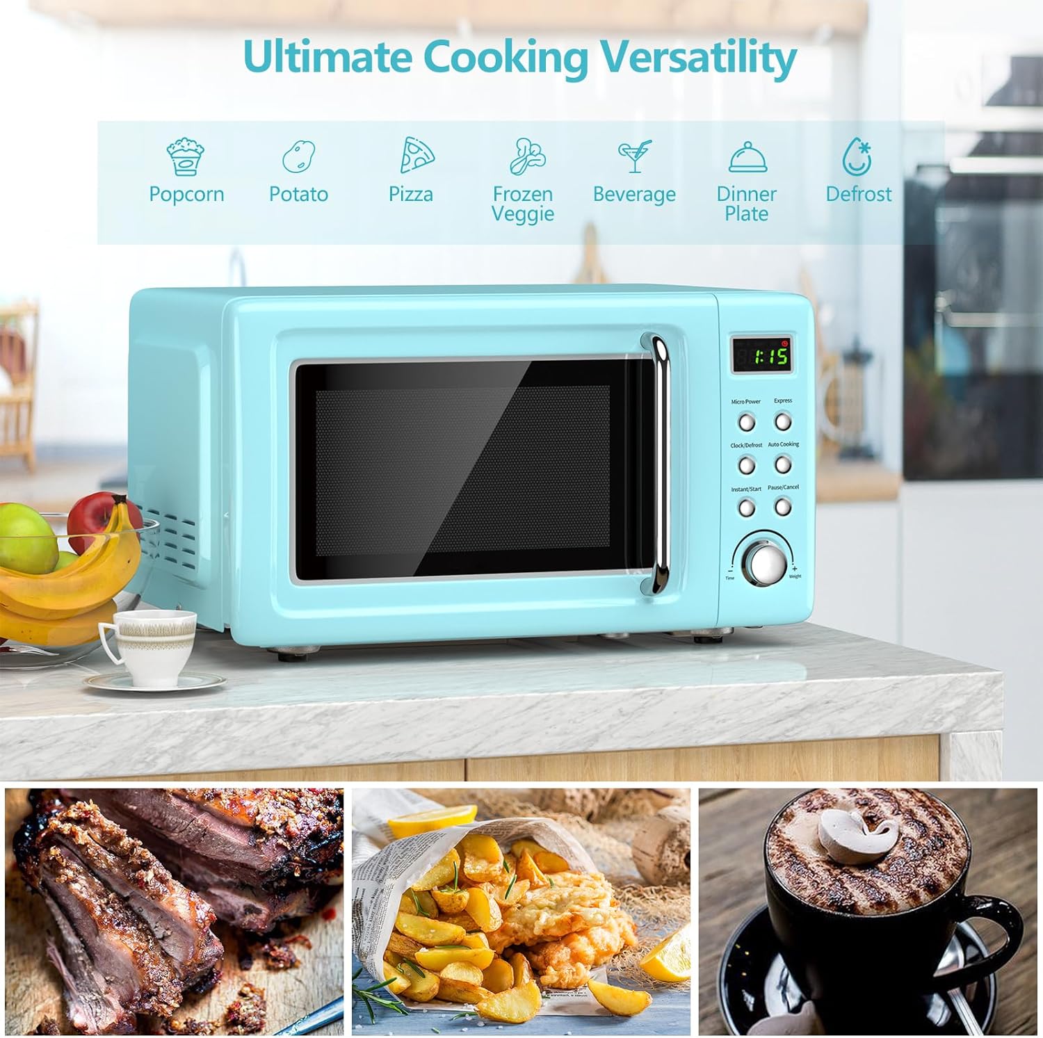 Moccha Retro Microwave, 0.7Cu.ft Compact Microwave, 700-Watt Countertop Microwave Ovens w/5 Micro Power, Delayed Start Function, LED Display, Child Lock, Small Microwave (Green)