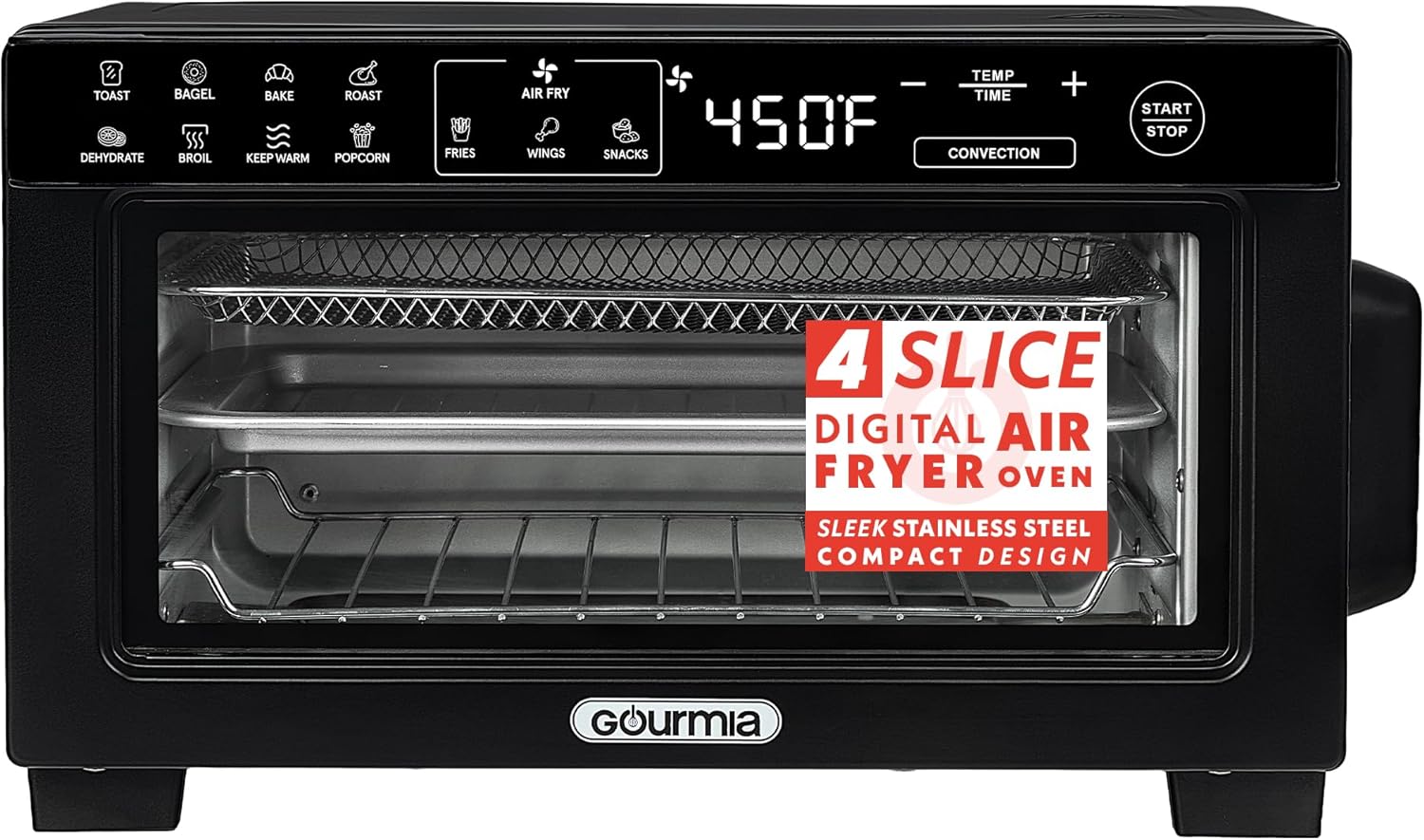 Gourmia Toaster Oven Digital Air Fryer - Convection Mode with 4 Slice Capacity, 3 Rack Positions, 12 Presets, Toast, Bagel, Bake, Roast, Broil, Dehydrate, Popcorn, Fits 9