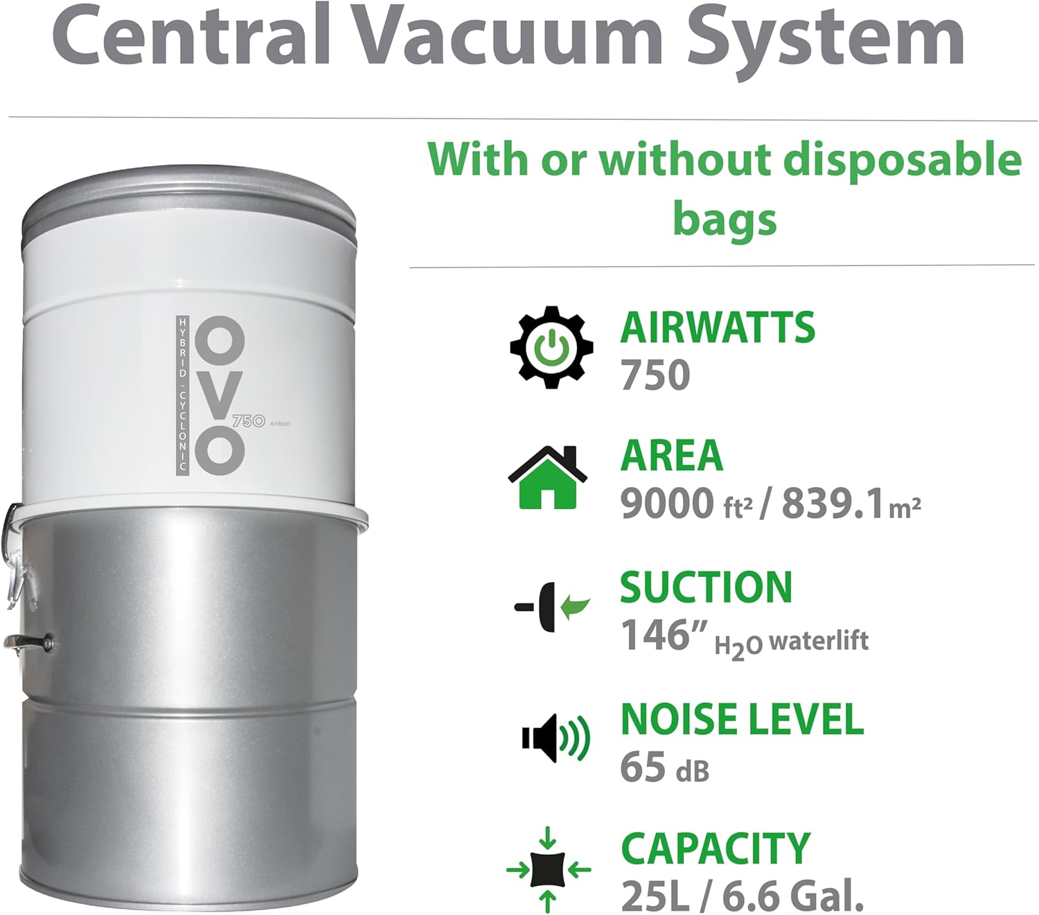 OVO 750 Airwatts Heavy Duty Powerful Central Vacuum System, Hybrid Filtration (with or Without Disposable Bags) 25L or 6.6Gal, 40ft Carpet Deluxe Accessory kit Included