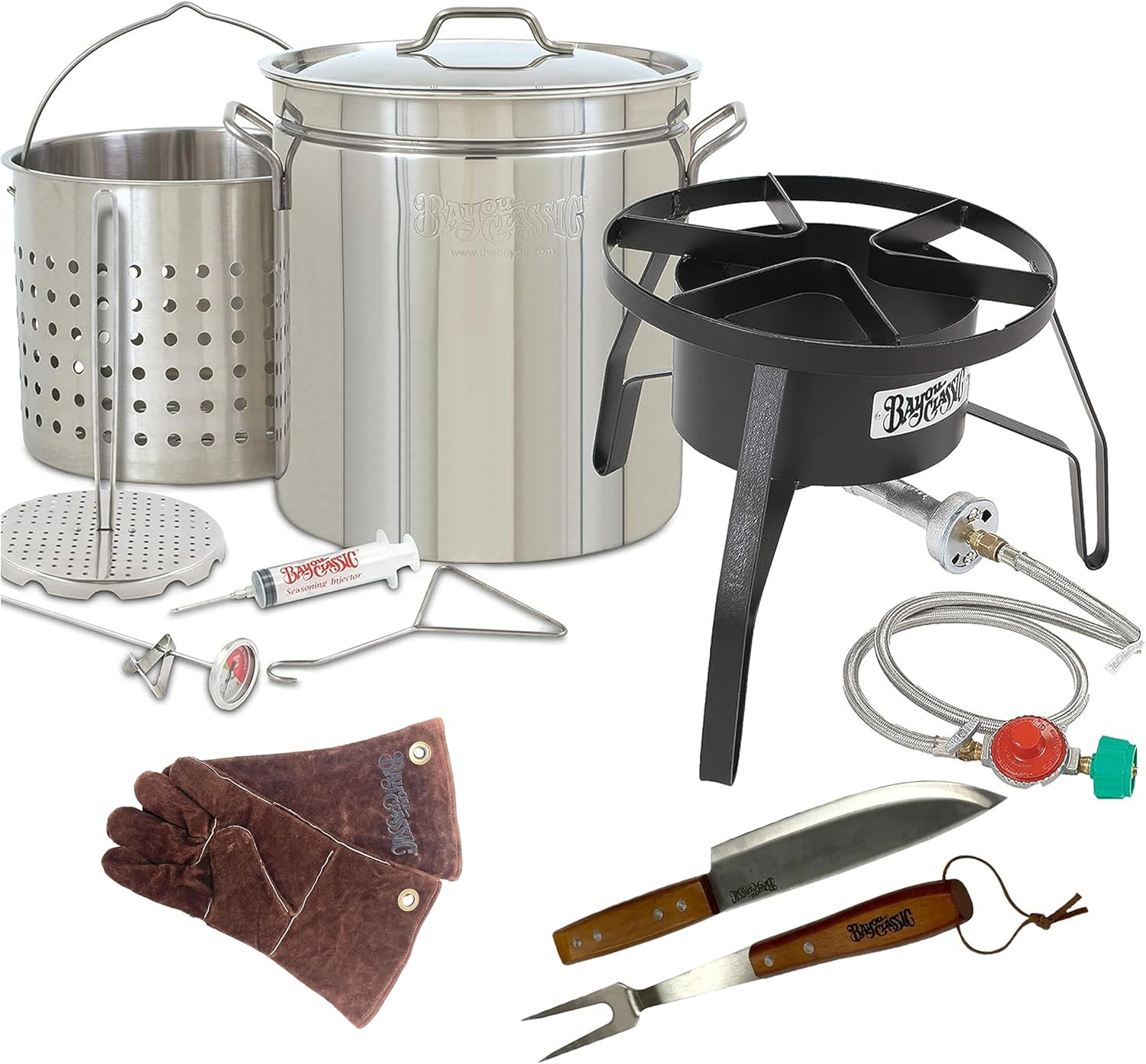 Turkey Fryer Complete Kit For OVERSIZED HUGE 44 Quart Stainless Stockpot with Steel Round Burner 59K BTU Turkeys 25+ Pounds or Diameter of 13.5 All Accessories Fork & Knife Set Leather Fry Gloves