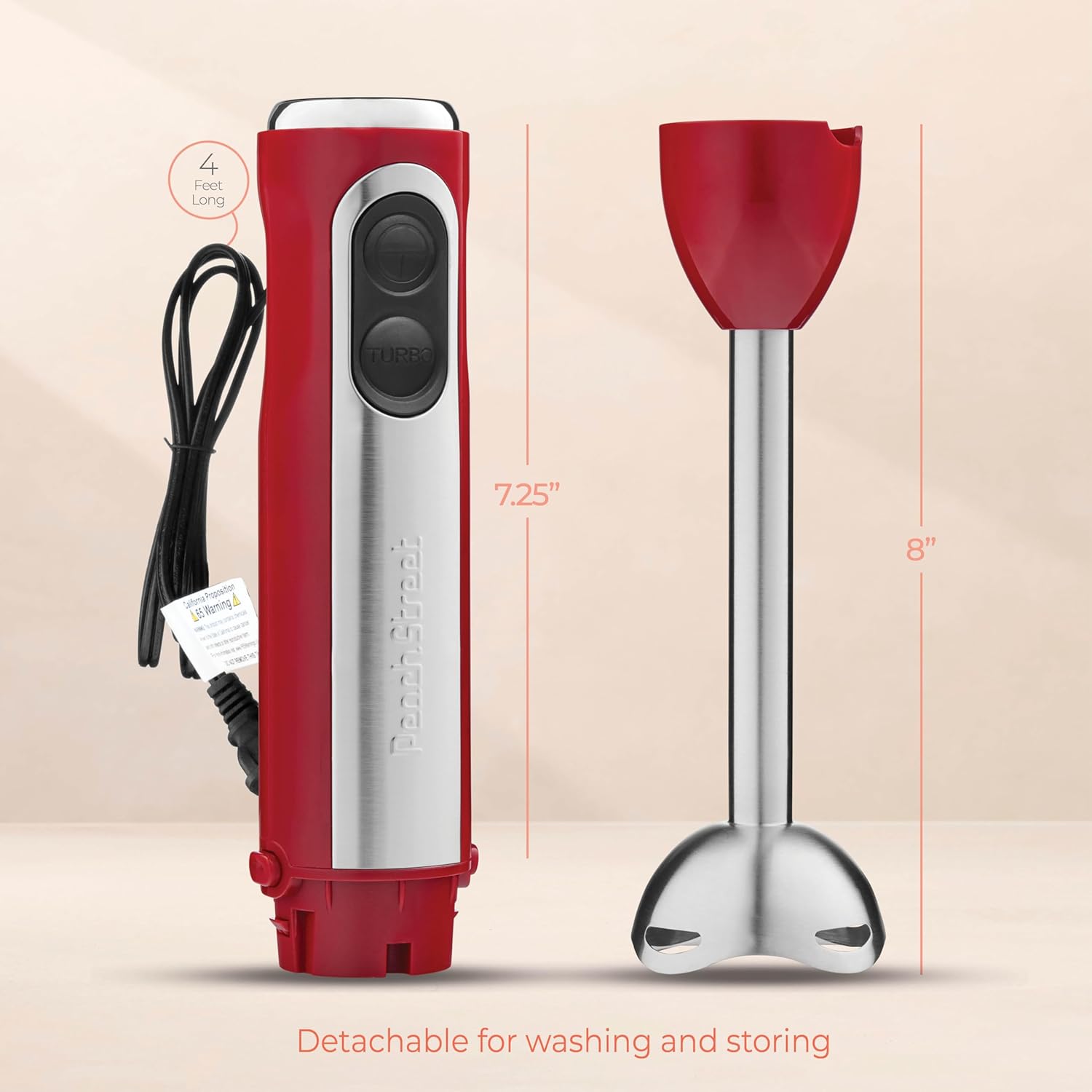 Powerful Immersion Blender, Electric Hand Blender 500 Watt with Turbo Mode, Detachable Base. Handheld Kitchen Blender Stick for Soup, Smoothie, Puree, Baby Food, 304 Stainless Steel Blades (Red)