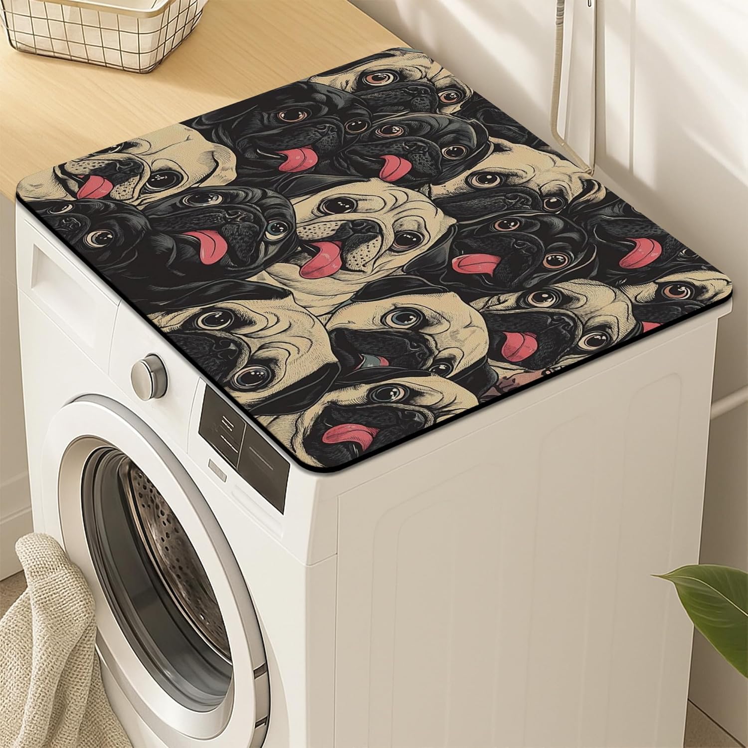 Pug Lover Washer Dryer Top Protector Mat, Retro Pug Faces Laundry Machine Dust Cover, Cute Rubber Anti-slip Waterproof Washer And Dryer Mats for Home 24x24 Inch