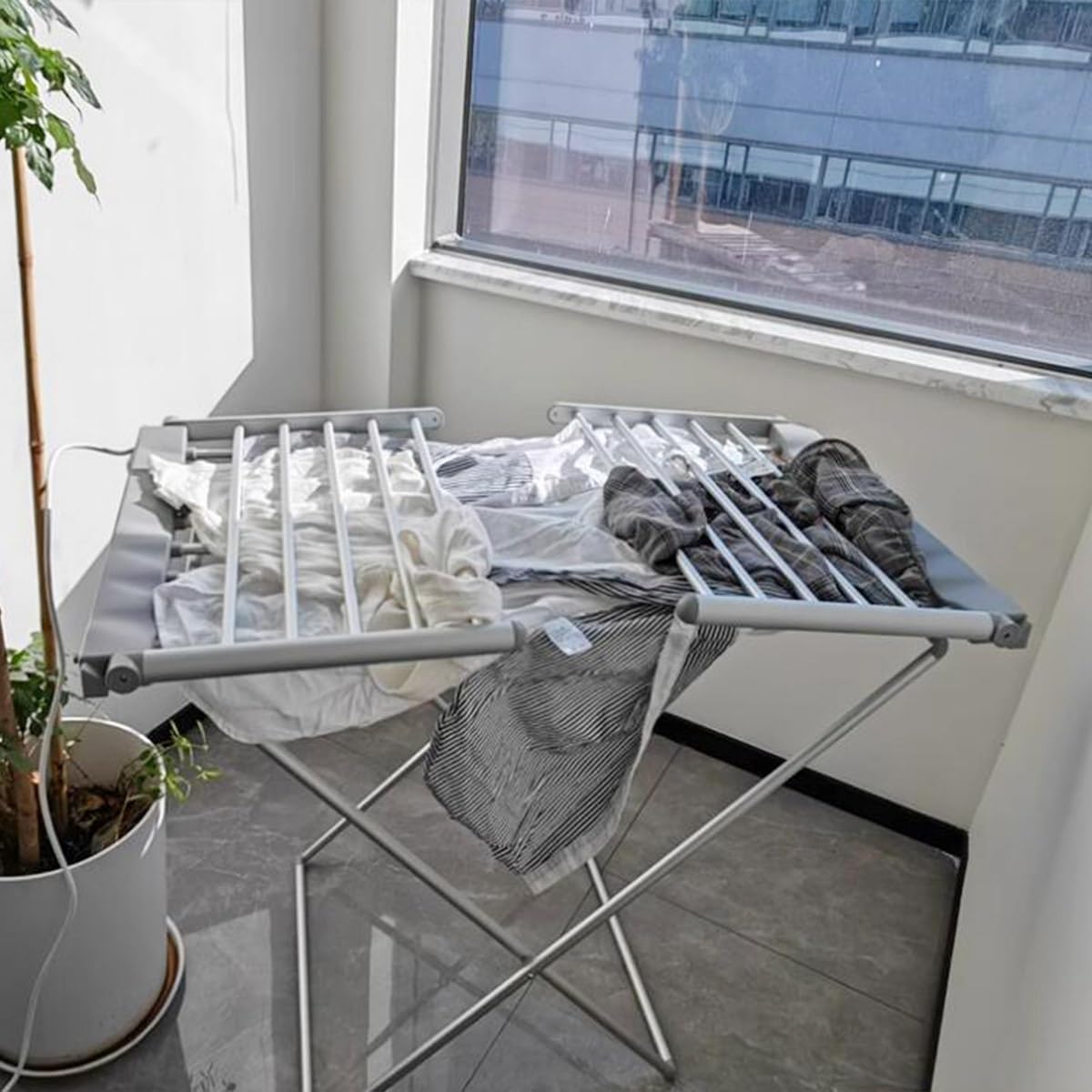 Home Electric Heated Clothes Drying Rack Balcony Foldable Clothes Airer Low Noise Metal Apartment Clothes Dryer with Wings Outdoor Large Capacity Laundry Airer 147 * 54 * 94cm