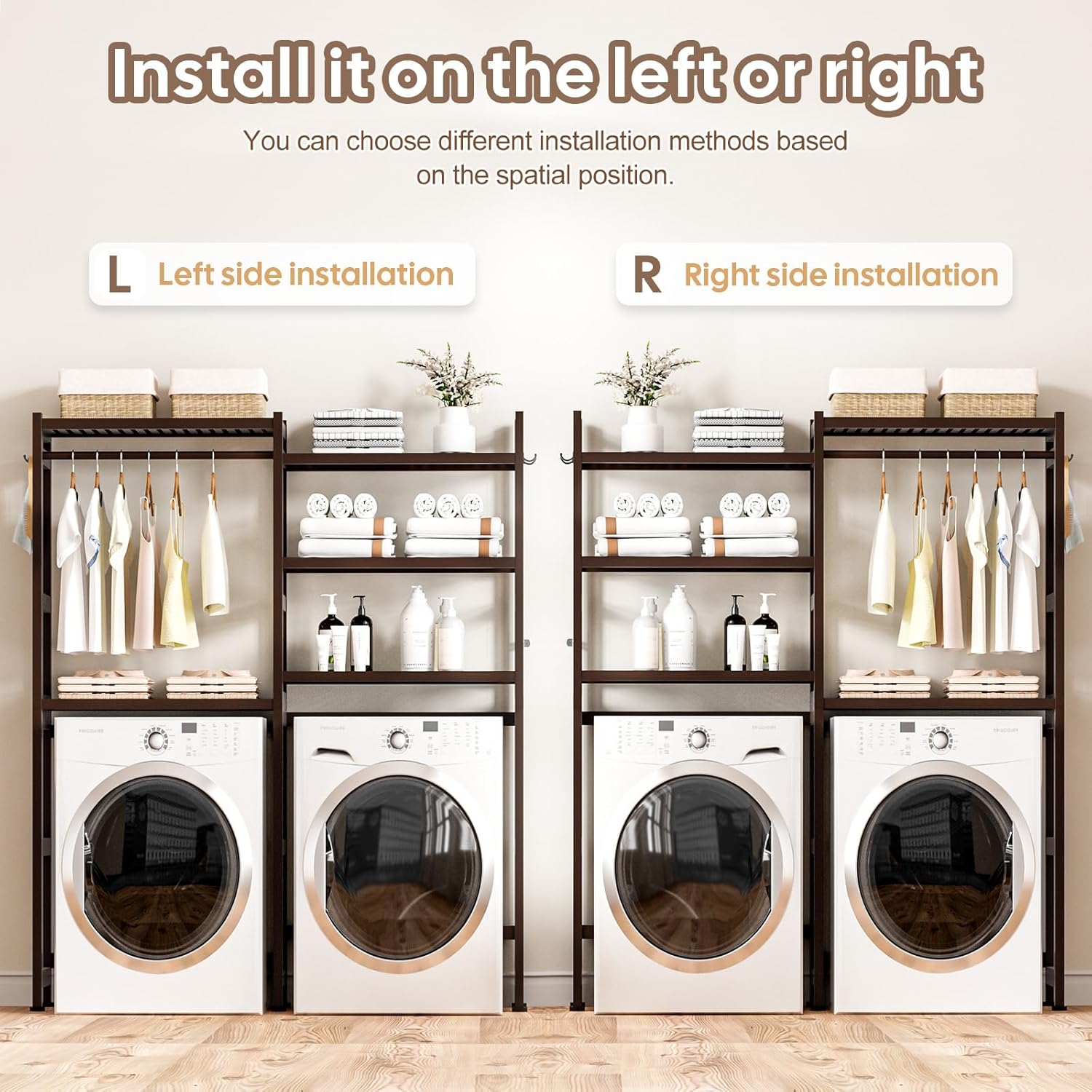 Over The Washer and Dryer Storage Shelf Bamboo,5 Tiers Laundry Room Drying Rack with Adjustable Shelves and 4 Hooks,Space Saver Organizer for Hanging Clothes and Towels (Brown)