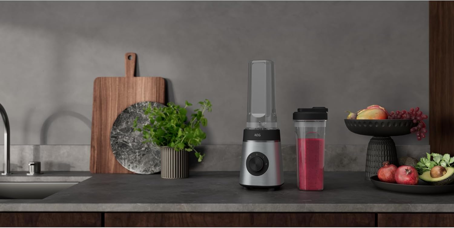 AEG MiniMixer SB4-1-4ST Blender / 350 W Motor / 23,000 rpm / 2 Dishwasher and Shatterproof 600 ml Drinking Bottles / 4-Blade Knife/Control/BPA Free/Pulse Button/Brushed Stainless Steel
