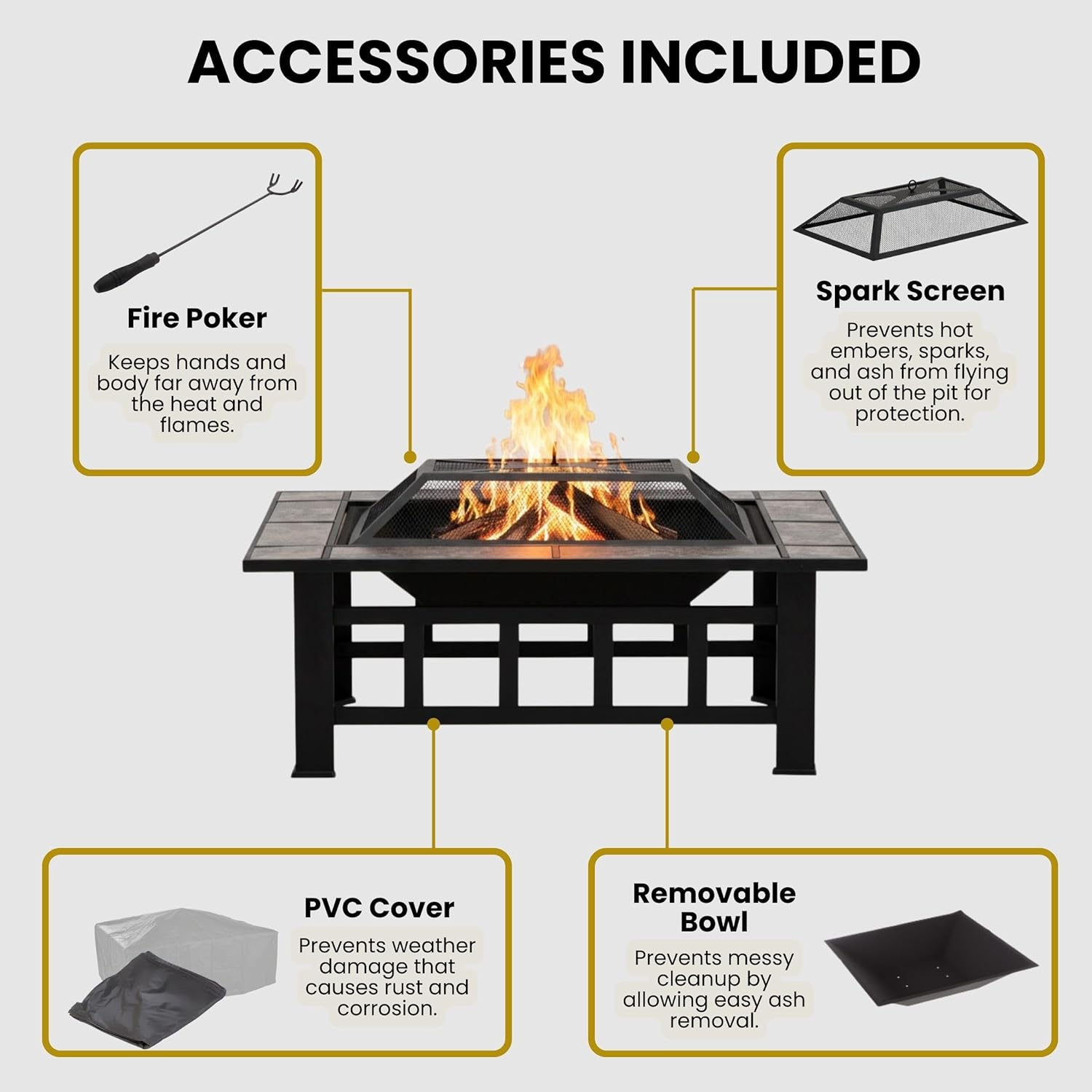 Fire Pit Set, Wood Burning Pit -Includes Screen, Cover and Log Poker- Great for Outdoor and Patio, 37” Marble Tile Rectangular Firepit by Pure Garden