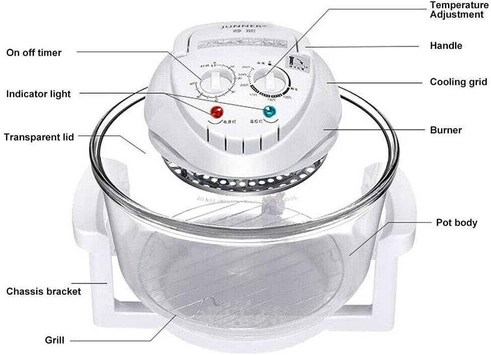 12L Convection Roaster Air Fryer Oven Turbo Electric Cooker Recipe 360° Heating,Infrared Convection, Halogen Oven Countertop, Cooking, Stainless Steel, Prepare Quick Healthy Meals White