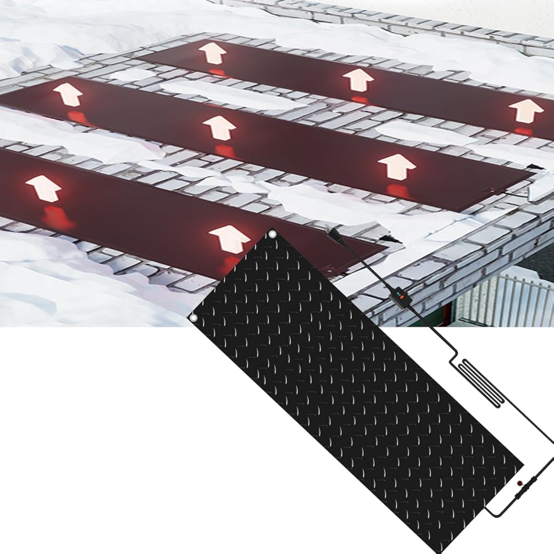 Heated Snow Melting Mats for Entrances - Outdoor Slip Proof Ice Heated Rubber Mat for Driveway Walkway Decks Sidewalks, 3 in/h Melting Speed, with Power Cord for Winter Stairs(1 Pcs,10in*30in/25.4cm*7