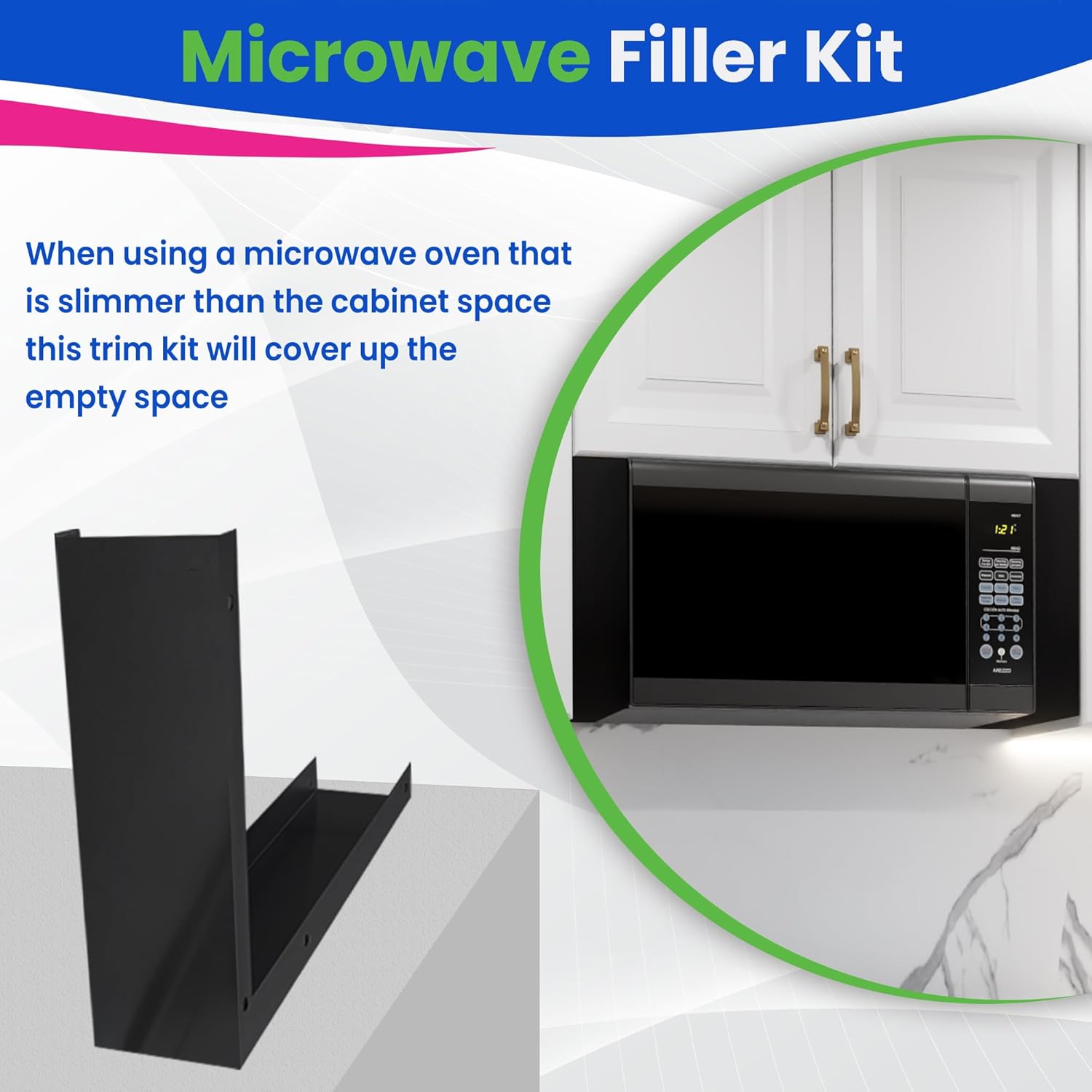 Universal Microwave Trim Kit - Black metal Microwave Filler Kit Fits Most Built In Microwaves- Fills Over the Range Microwave Oven Cabinet Gap - 15.75”D x 10.75”H x 2.95”W