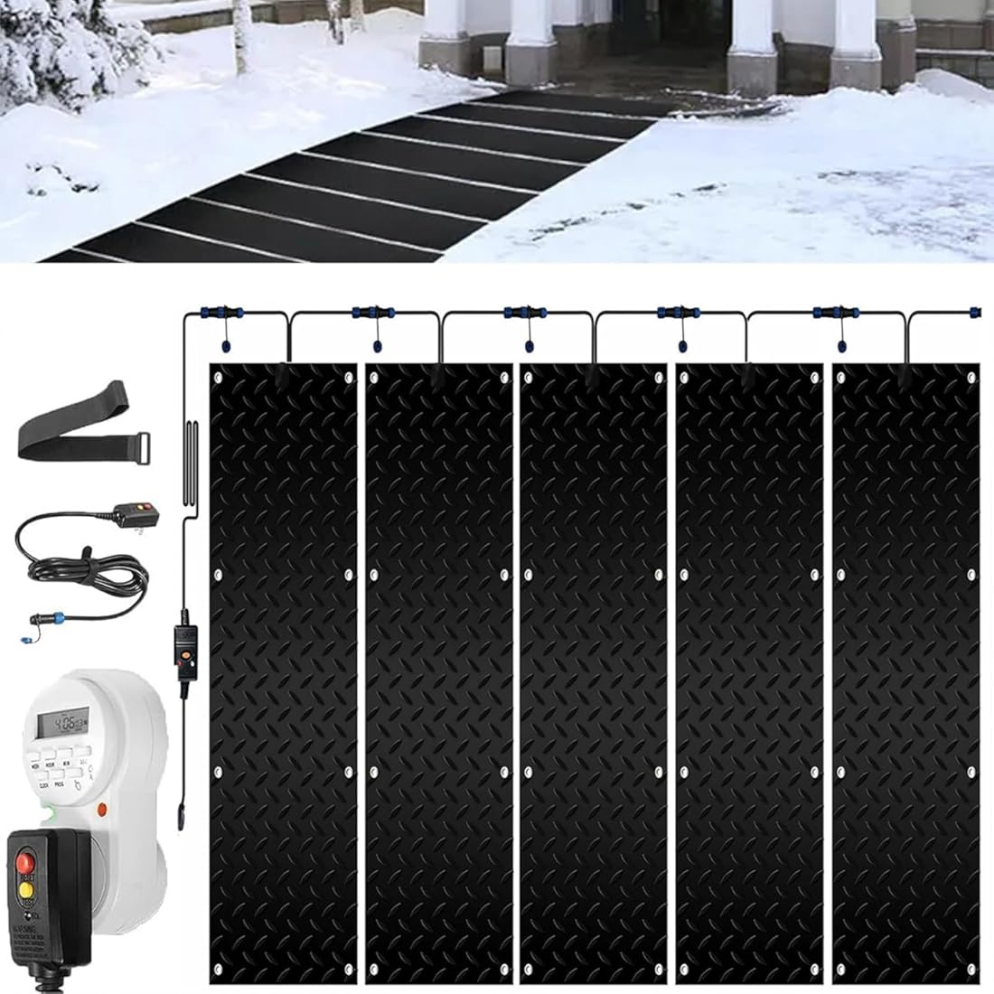 Outdoor Heated mat Walkway Snow Melting mats with Timer, 1/2/3/4/5 Pcs Outdoor Stairs- Non-Slip Winter Removal and Ice Melt Products -Heating Entrance with Power Co(5 Pcs-10x48in/(25.4x120cm))
