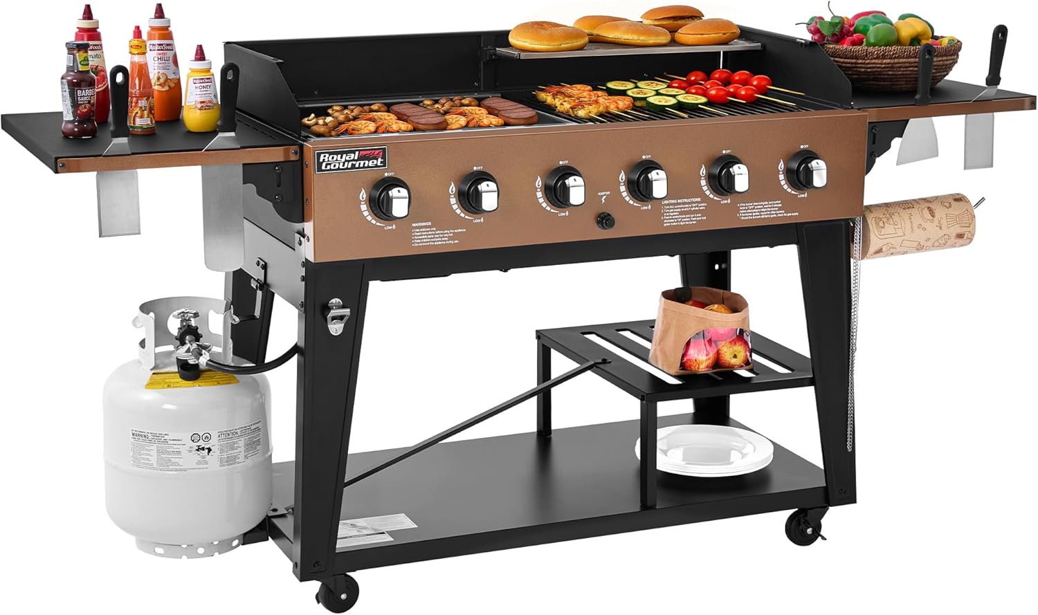 GD601Y 6-Burner Gas Grill and Griddle Combo, Large Cooking Capacity Propane Grill & Griddle 2-in-1, 78,000 BTU Output for Back Yard, Garden, Family Party, BBQ, Yellow