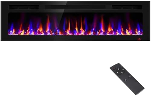 60 Inch Electric Fireplace Recessed and Wall Mounted, Fireplace Heater and Linear Fireplace, Ultra-Thin Electric Fireplace, Low Noise, with Timer, Remote Control, Adjustable 12 Flame Color, 750/1500W