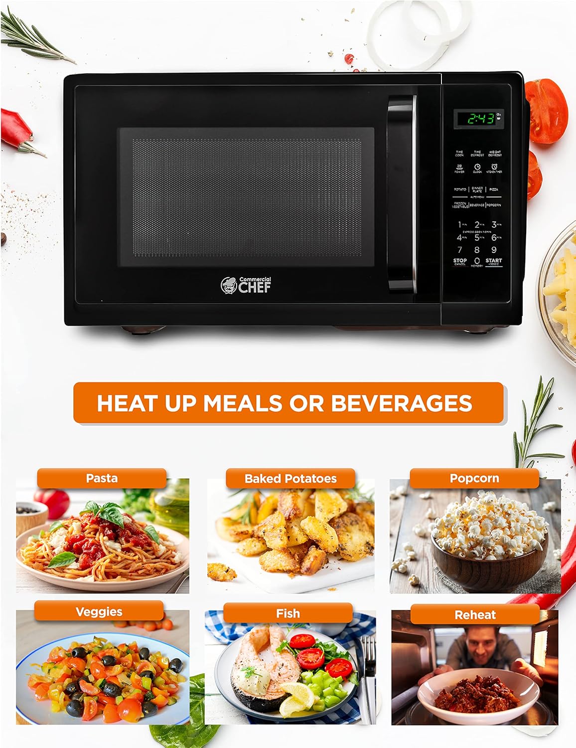 COMMERCIAL CHEF Small Microwave 0.9 Cu. Ft. Countertop Microwave with Touch Controls & Digital Display, Black & Nordic Ware BPA-free and Melamine Free Plastic Splatter Microwave Cover