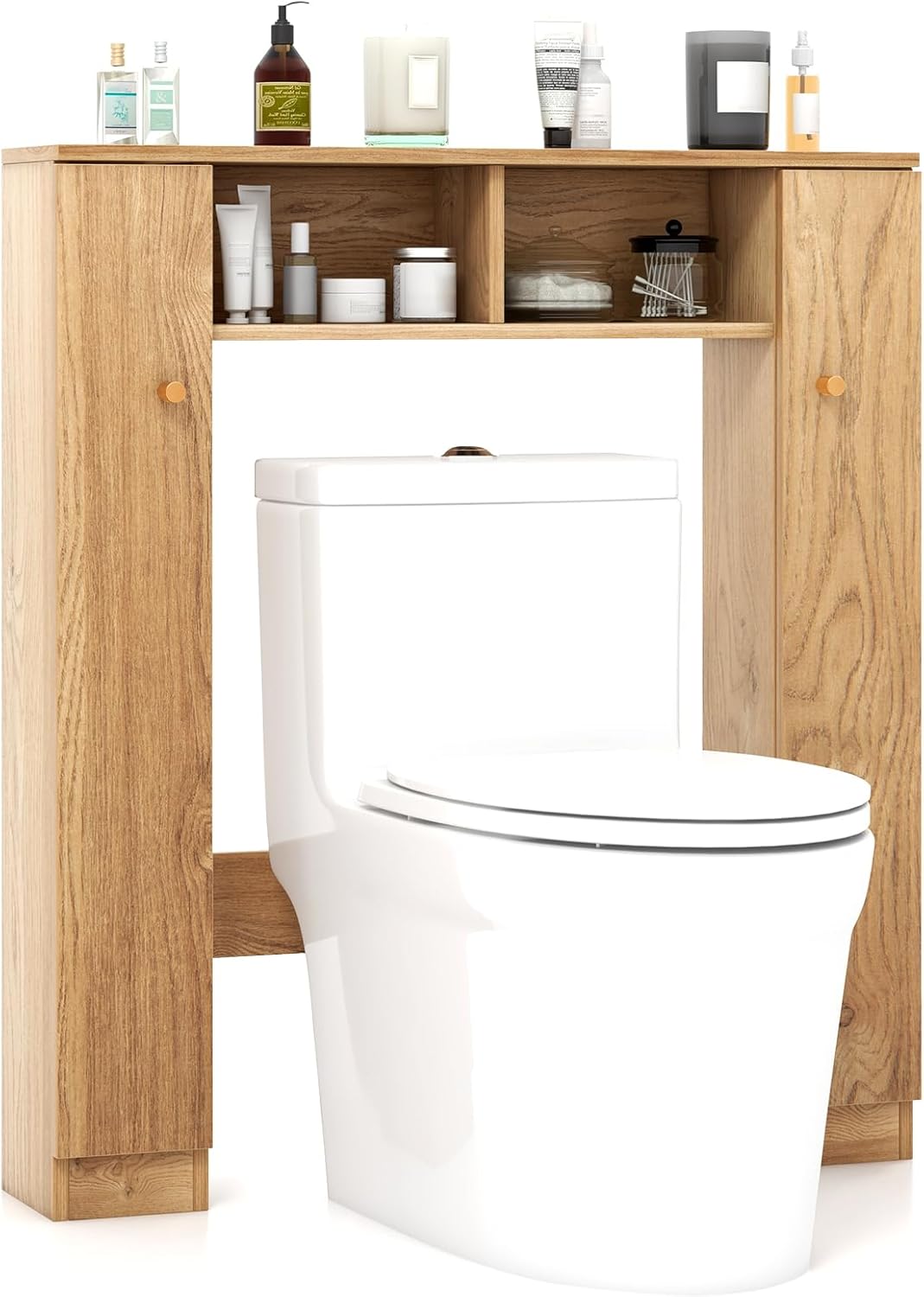 Giantex Over The Toilet Storage Cabinet, Double Door Freestanding Bathroom Organizer w/ 2 Open Compartments & 4 Adjustable Shelves, Bathroom Space Saver, Laundry Room Storage Rack (Natural)